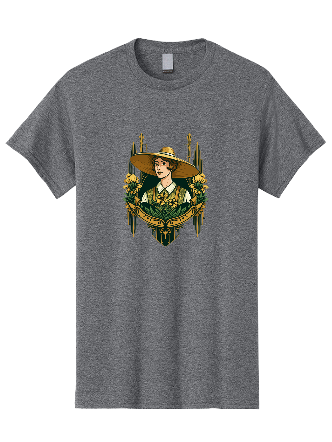 Lady-With-Sun-Hat Men'S Graphic Tee, 100% Cotton, Comfortable Casual Summer Wear, Machine Washable, Woman Wearing Sun Hat, Floral Arrangement, Yellow Flowers, Vintage Style, Art Nouveau, Natural Elegance, Feminine Charm, Decorative Elements, Baa910 23
