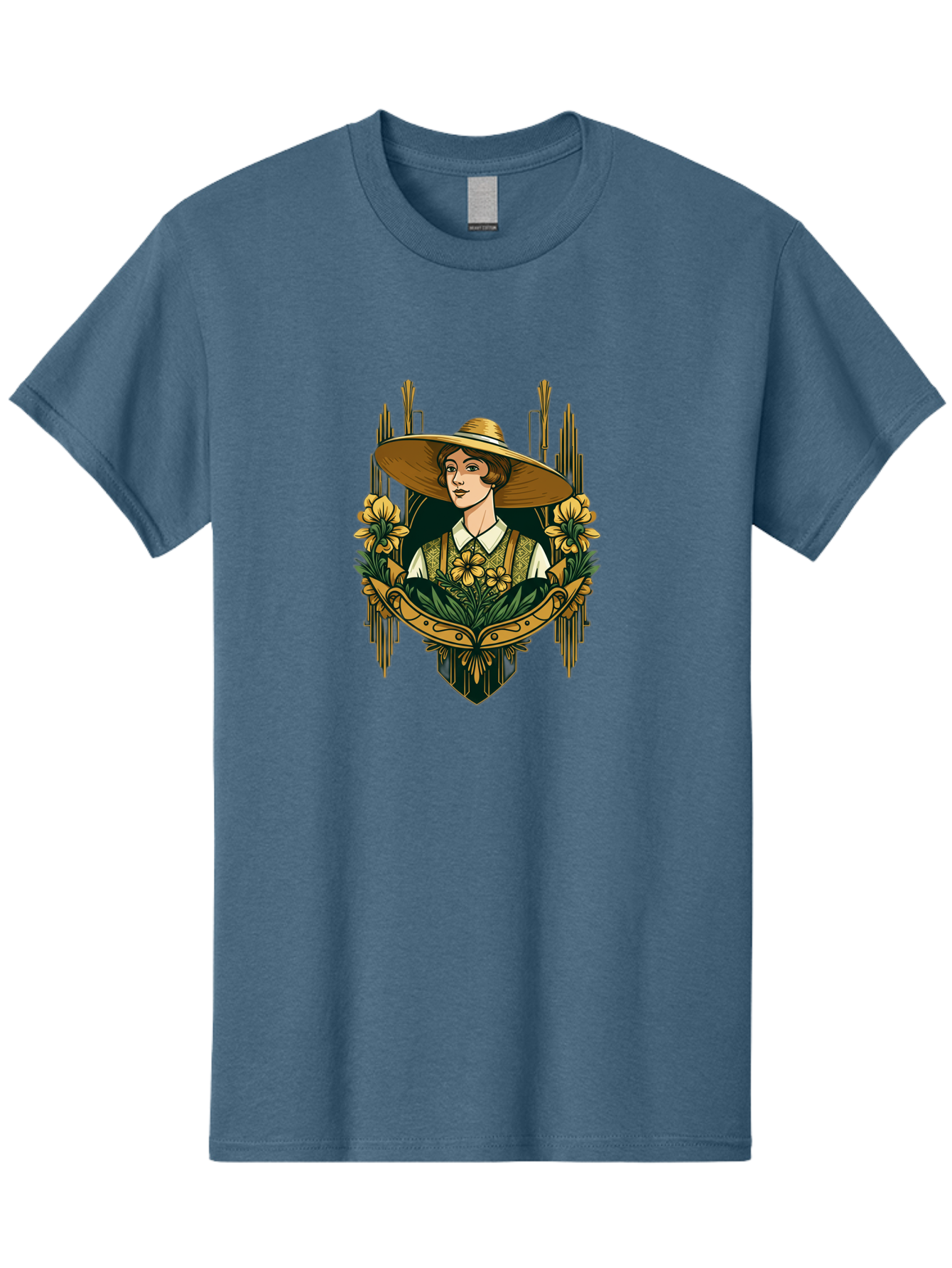 Lady-With-Sun-Hat Men'S Graphic Tee, 100% Cotton, Comfortable Casual Summer Wear, Machine Washable, Woman Wearing Sun Hat, Floral Arrangement, Yellow Flowers, Vintage Style, Art Nouveau, Natural Elegance, Feminine Charm, Decorative Elements, Baa910 5