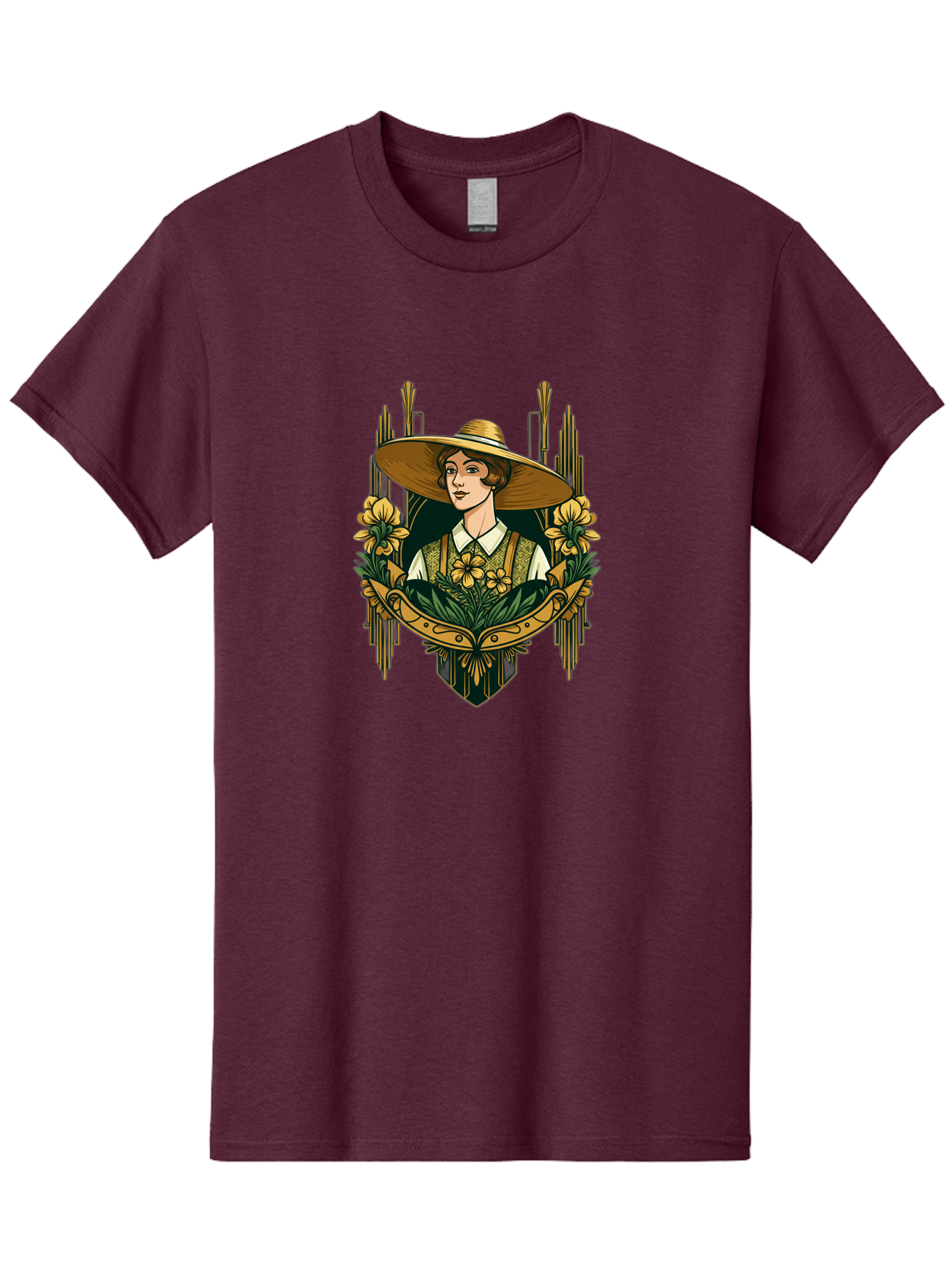 Lady-With-Sun-Hat Men'S Graphic Tee, 100% Cotton, Comfortable Casual Summer Wear, Machine Washable, Woman Wearing Sun Hat, Floral Arrangement, Yellow Flowers, Vintage Style, Art Nouveau, Natural Elegance, Feminine Charm, Decorative Elements, Baa910 17