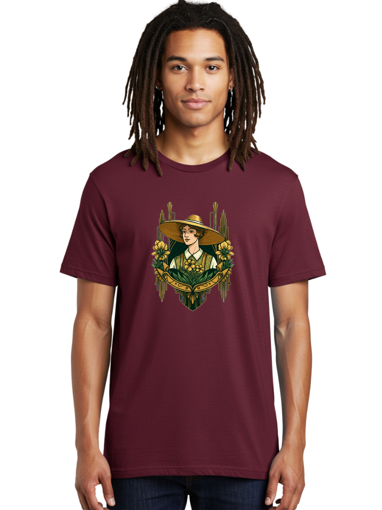 Lady-With-Sun-Hat Men'S Graphic Tee, 100% Cotton, Comfortable Casual Summer Wear, Machine Washable, Woman Wearing Sun Hat, Floral Arrangement, Yellow Flowers, Vintage Style, Art Nouveau, Natural Elegance, Feminine Charm, Decorative Elements, Baa910 18