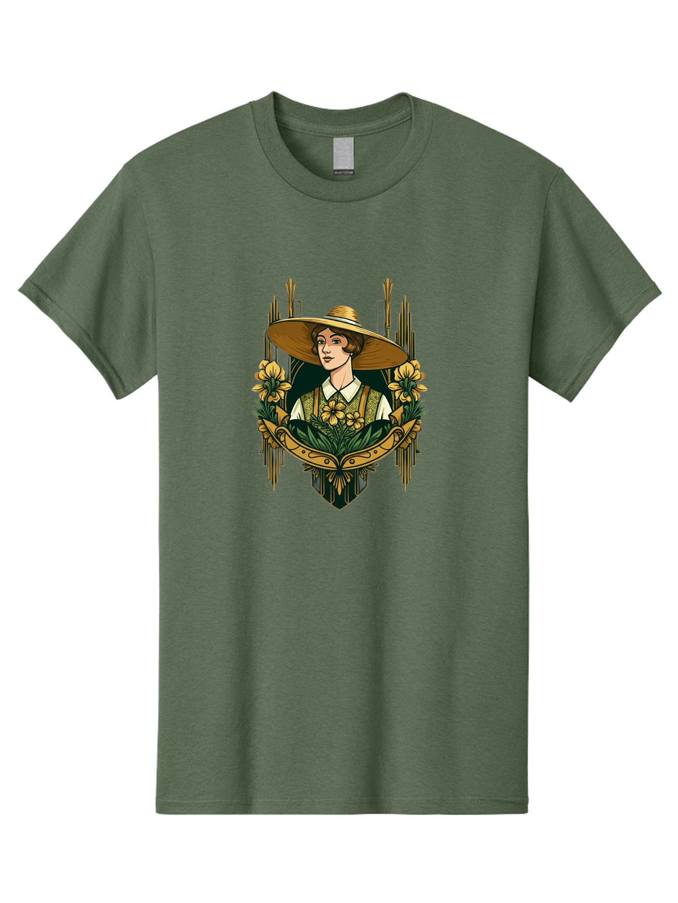 Lady-With-Sun-Hat Men'S Graphic Tee, 100% Cotton, Comfortable Casual Summer Wear, Machine Washable, Woman Wearing Sun Hat, Floral Arrangement, Yellow Flowers, Vintage Style, Art Nouveau, Natural Elegance, Feminine Charm, Decorative Elements, Baa910 25