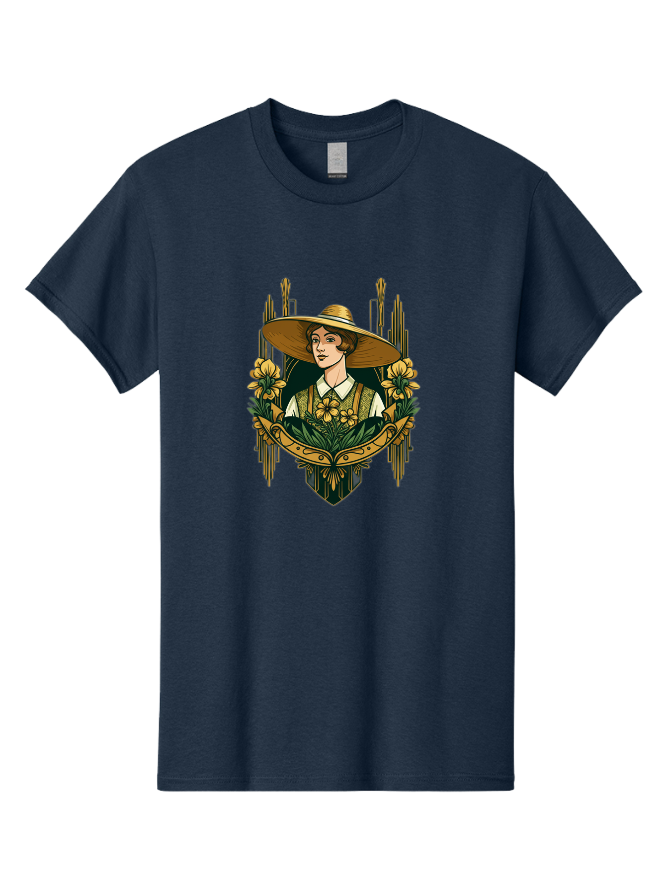 Lady-With-Sun-Hat Men'S Graphic Tee, 100% Cotton, Comfortable Casual Summer Wear, Machine Washable, Woman Wearing Sun Hat, Floral Arrangement, Yellow Flowers, Vintage Style, Art Nouveau, Natural Elegance, Feminine Charm, Decorative Elements, Baa910 19