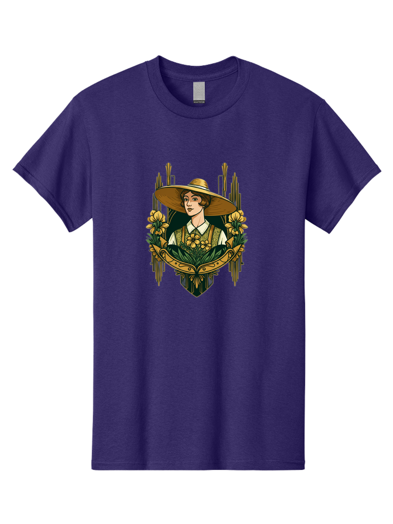 Lady-With-Sun-Hat Men'S Graphic Tee, 100% Cotton, Comfortable Casual Summer Wear, Machine Washable, Woman Wearing Sun Hat, Floral Arrangement, Yellow Flowers, Vintage Style, Art Nouveau, Natural Elegance, Feminine Charm, Decorative Elements, Baa910 27