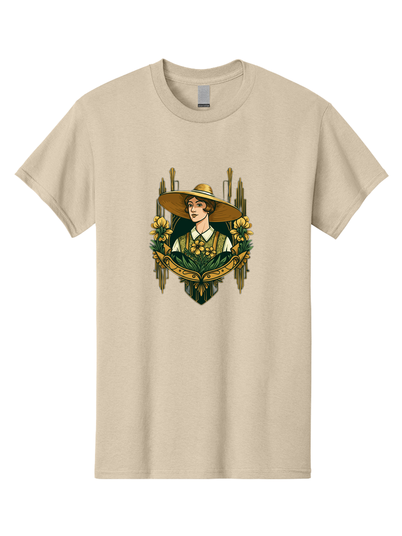 Lady-With-Sun-Hat Men'S Graphic Tee, 100% Cotton, Comfortable Casual Summer Wear, Machine Washable, Woman Wearing Sun Hat, Floral Arrangement, Yellow Flowers, Vintage Style, Art Nouveau, Natural Elegance, Feminine Charm, Decorative Elements, Baa910 29