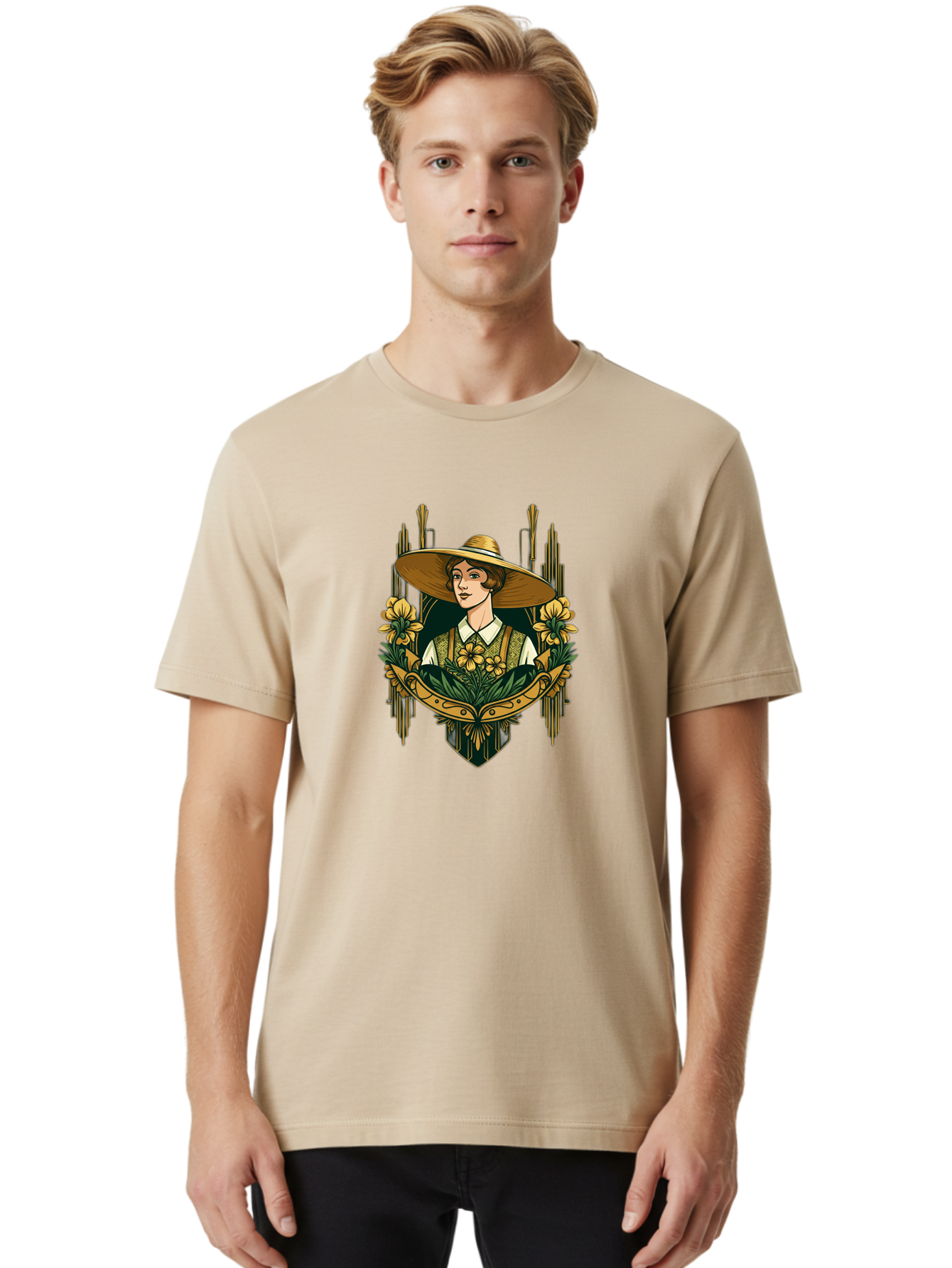 Lady-With-Sun-Hat Men'S Graphic Tee, 100% Cotton, Comfortable Casual Summer Wear, Machine Washable, Woman Wearing Sun Hat, Floral Arrangement, Yellow Flowers, Vintage Style, Art Nouveau, Natural Elegance, Feminine Charm, Decorative Elements, Baa910 30
