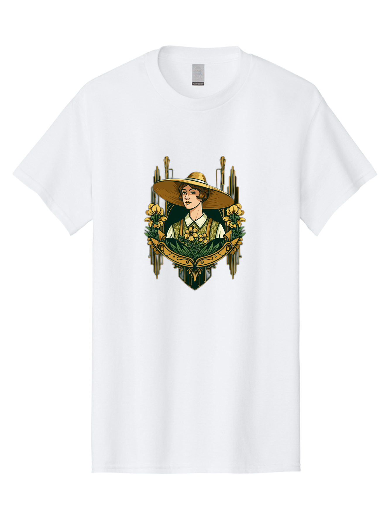 Lady-With-Sun-Hat Men'S Graphic Tee, 100% Cotton, Comfortable Casual Summer Wear, Machine Washable, Woman Wearing Sun Hat, Floral Arrangement, Yellow Flowers, Vintage Style, Art Nouveau, Natural Elegance, Feminine Charm, Decorative Elements, Baa910 13