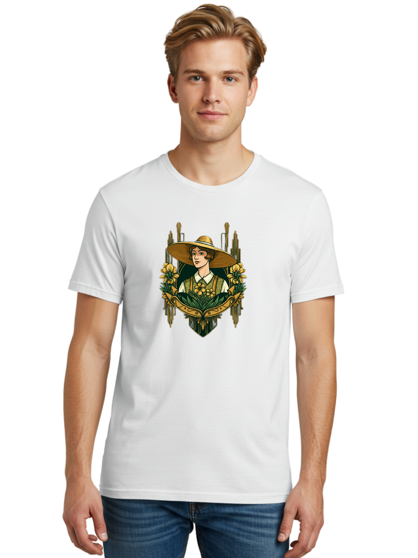 Lady-With-Sun-Hat Men'S Graphic Tee, 100% Cotton, Comfortable Casual Summer Wear, Machine Washable, Woman Wearing Sun Hat, Floral Arrangement, Yellow Flowers, Vintage Style, Art Nouveau, Natural Elegance, Feminine Charm, Decorative Elements, Baa910 14