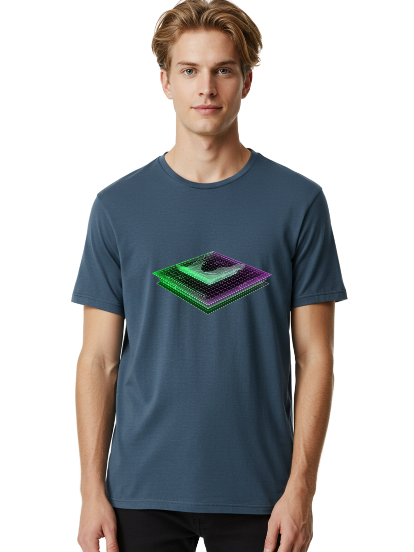 Layered-Grid Men'S Graphic Tee, 100% Cotton, Comfortable Casual Summer Wear, Machine Washable, 3D Grid, Layered Squares, Purple And Green Accents, Grid Pattern, Digital Art, Futuristic Design, Abstract Shapes, Modern Graphic, Layered Effect Baa917 4