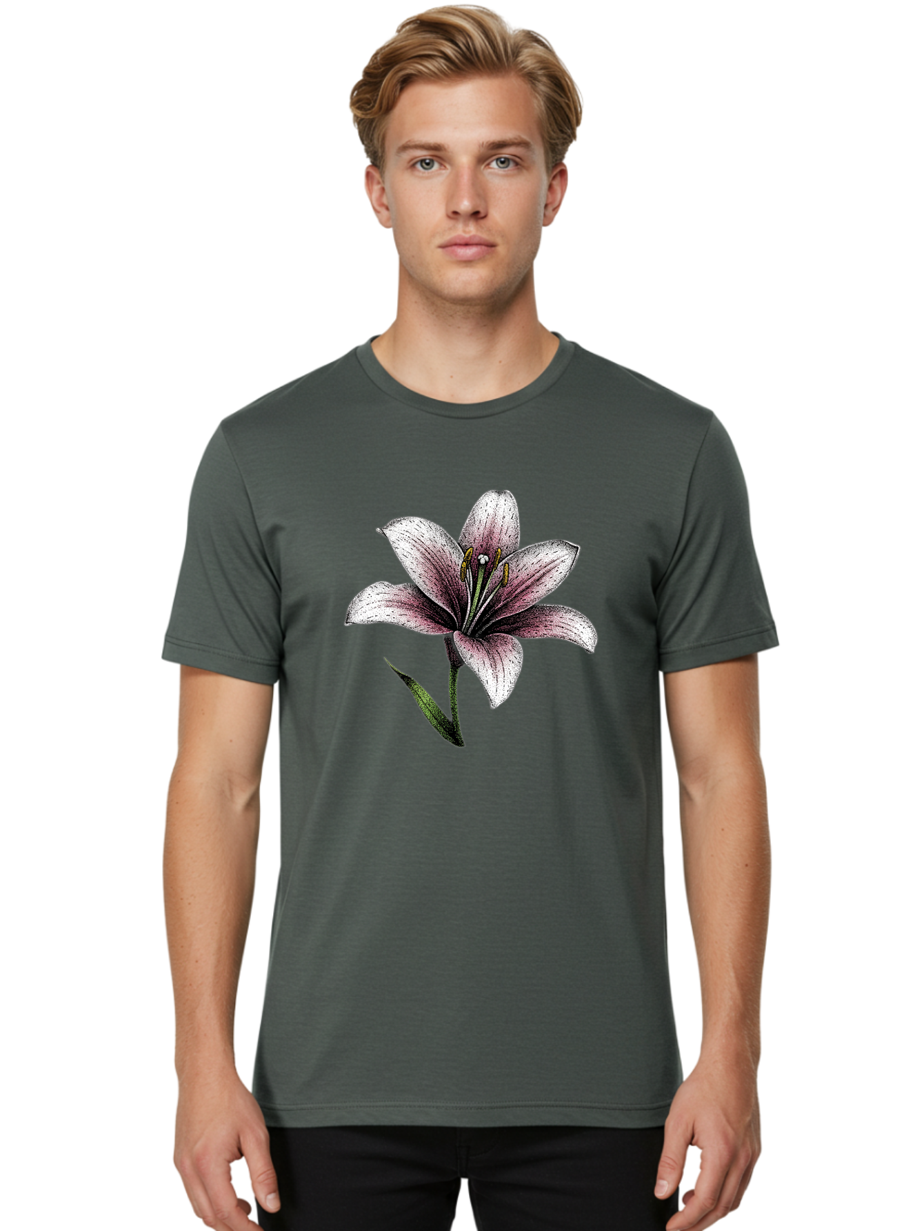 Lily-1 Men'S Graphic Tee, 100% Cotton, Comfortable Casual Summer Wear, Machine Washable, Lily Flower, Elegant Bloom, White And Purple Petals, Botanical Illustration, Delicate Stamens, Floral Beauty, Vintage Art, Flower Drawing Baa921 16