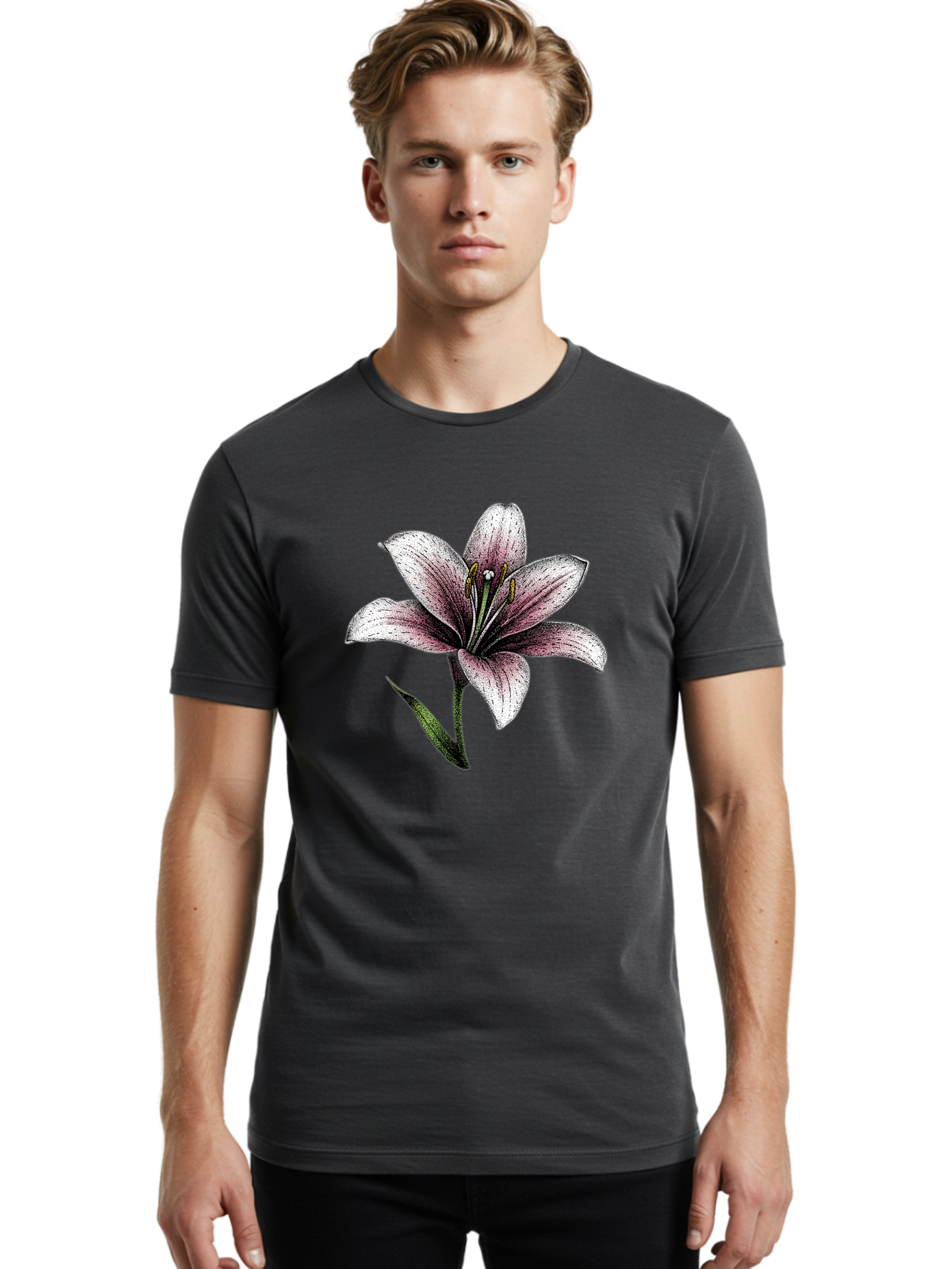 Lily-1 Men'S Graphic Tee, 100% Cotton, Comfortable Casual Summer Wear, Machine Washable, Lily Flower, Elegant Bloom, White And Purple Petals, Botanical Illustration, Delicate Stamens, Floral Beauty, Vintage Art, Flower Drawing Baa921 26