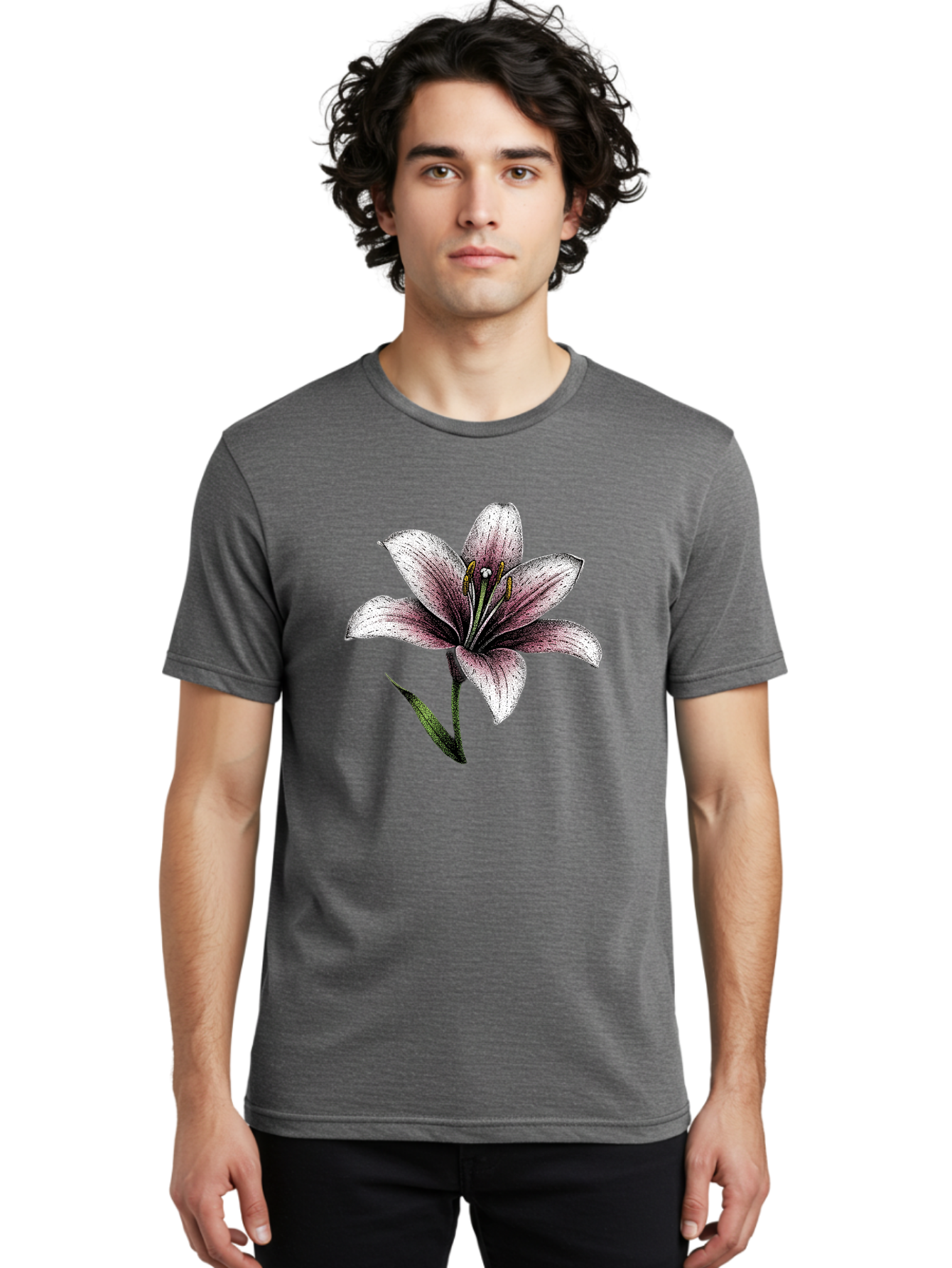 Lily-1 Men'S Graphic Tee, 100% Cotton, Comfortable Casual Summer Wear, Machine Washable, Lily Flower, Elegant Bloom, White And Purple Petals, Botanical Illustration, Delicate Stamens, Floral Beauty, Vintage Art, Flower Drawing Baa921 24