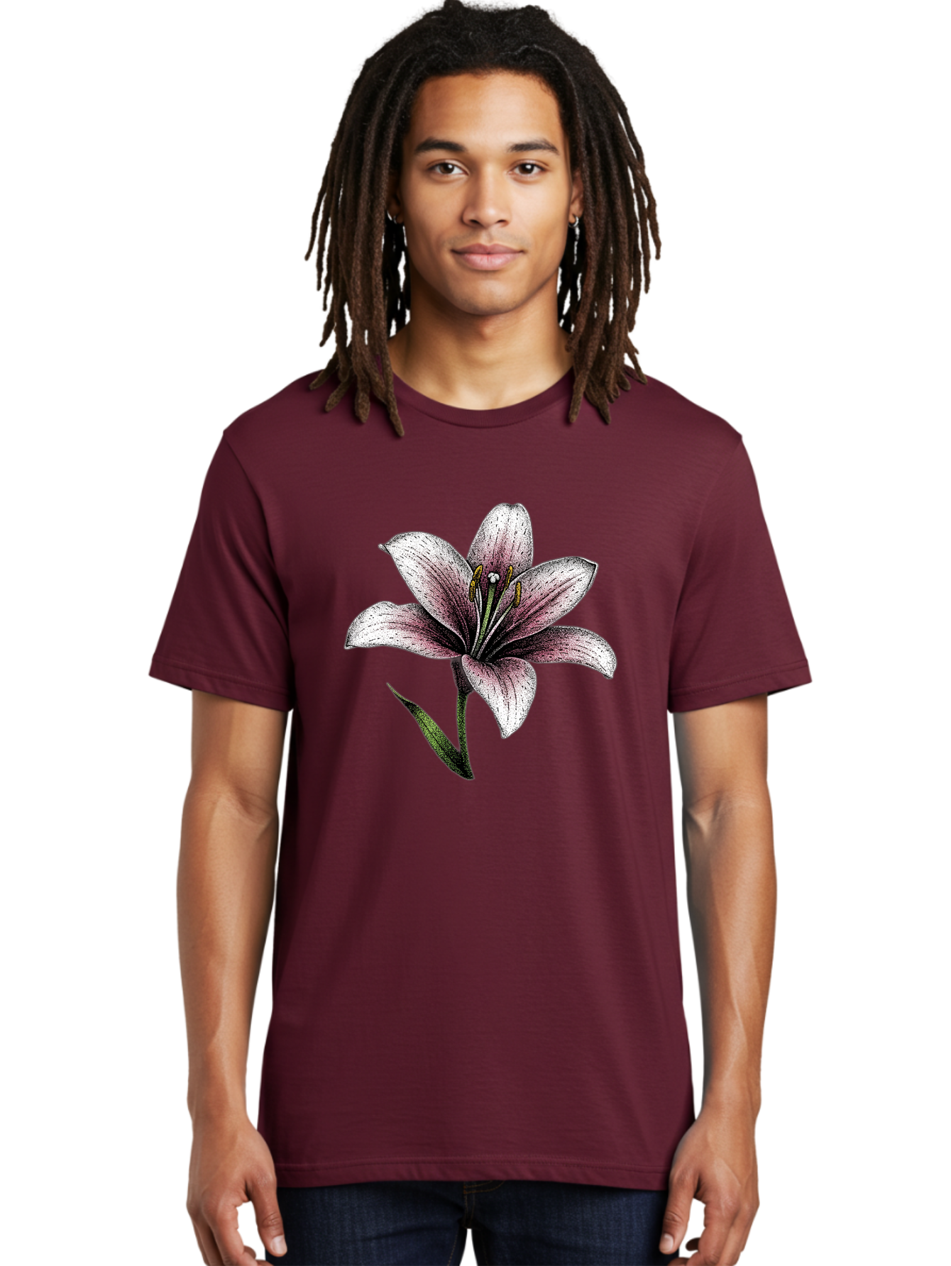 Lily-1 Men'S Graphic Tee, 100% Cotton, Comfortable Casual Summer Wear, Machine Washable, Lily Flower, Elegant Bloom, White And Purple Petals, Botanical Illustration, Delicate Stamens, Floral Beauty, Vintage Art, Flower Drawing Baa921 20