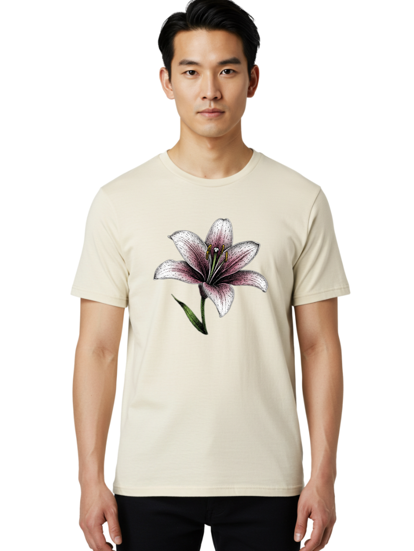 Lily-1 Men'S Graphic Tee, 100% Cotton, Comfortable Casual Summer Wear, Machine Washable, Lily Flower, Elegant Bloom, White And Purple Petals, Botanical Illustration, Delicate Stamens, Floral Beauty, Vintage Art, Flower Drawing Baa921 4