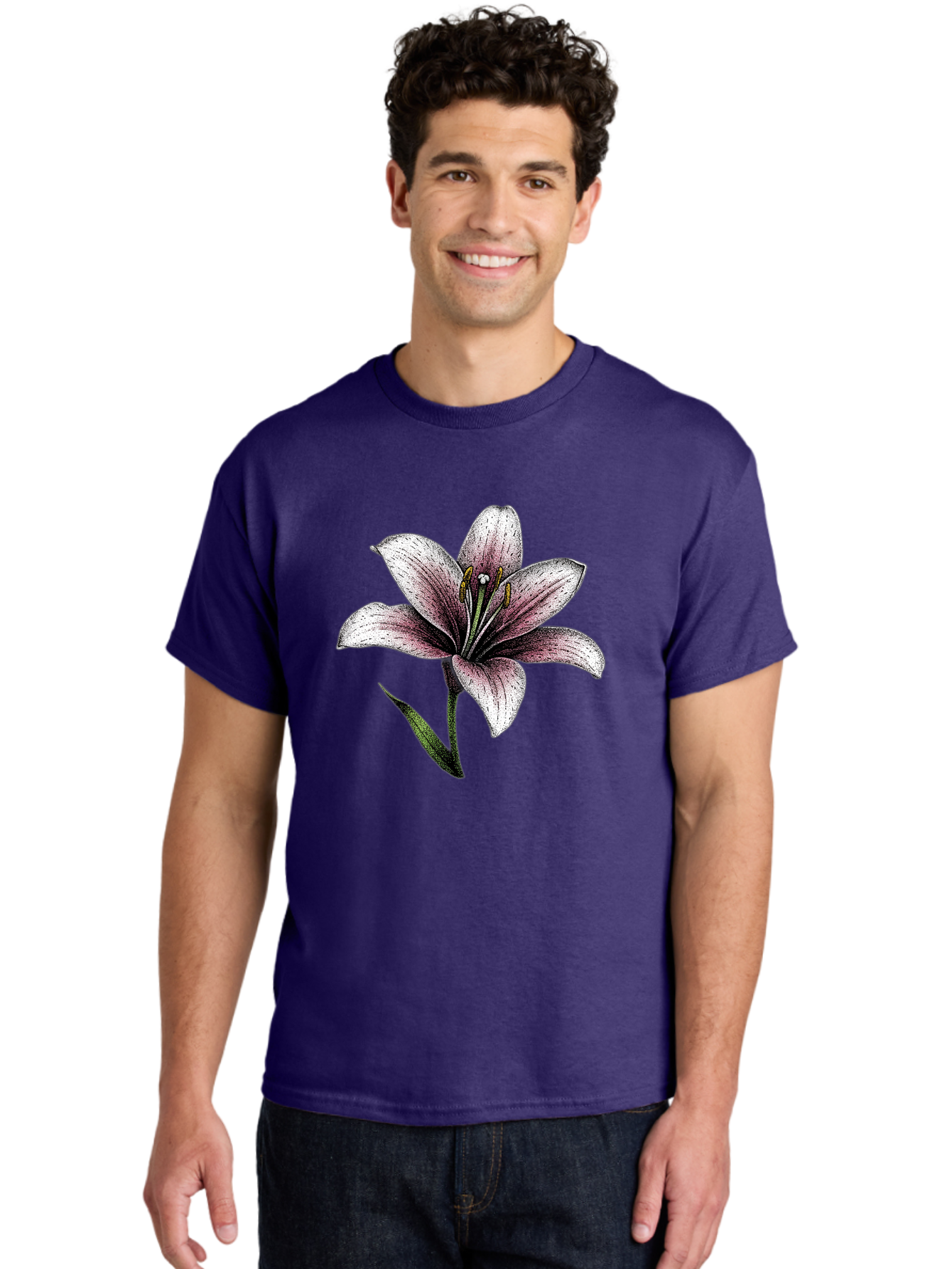 Lily-1 Men'S Graphic Tee, 100% Cotton, Comfortable Casual Summer Wear, Machine Washable, Lily Flower, Elegant Bloom, White And Purple Petals, Botanical Illustration, Delicate Stamens, Floral Beauty, Vintage Art, Flower Drawing Baa921 18