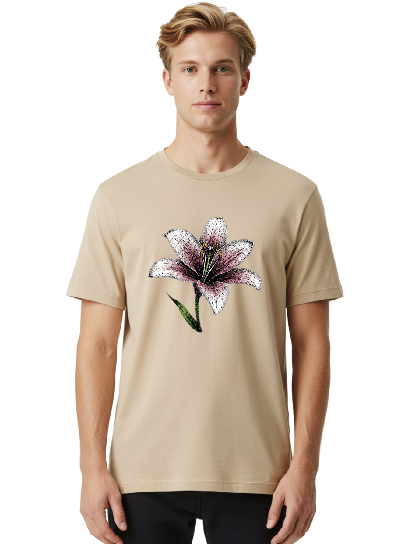 Lily-1 Men'S Graphic Tee, 100% Cotton, Comfortable Casual Summer Wear, Machine Washable, Lily Flower, Elegant Bloom, White And Purple Petals, Botanical Illustration, Delicate Stamens, Floral Beauty, Vintage Art, Flower Drawing Baa921 12