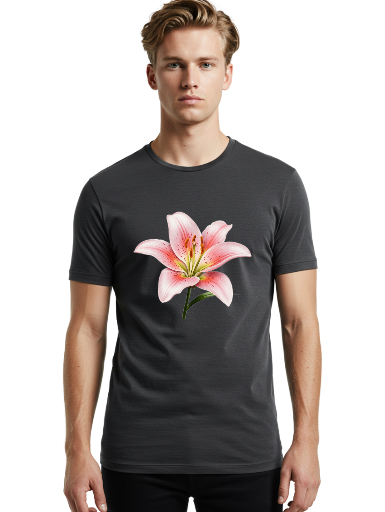 Lily Men'S Graphic Tee, 100% Cotton, Comfortable Casual Summer Wear, Machine Washable, Pink Lily, Floral Beauty, Delicate Petals, Yellow Stamens, Botanical Art, Flower Illustration, Soft Pink Hues, Elegant Bloom Baa922 22
