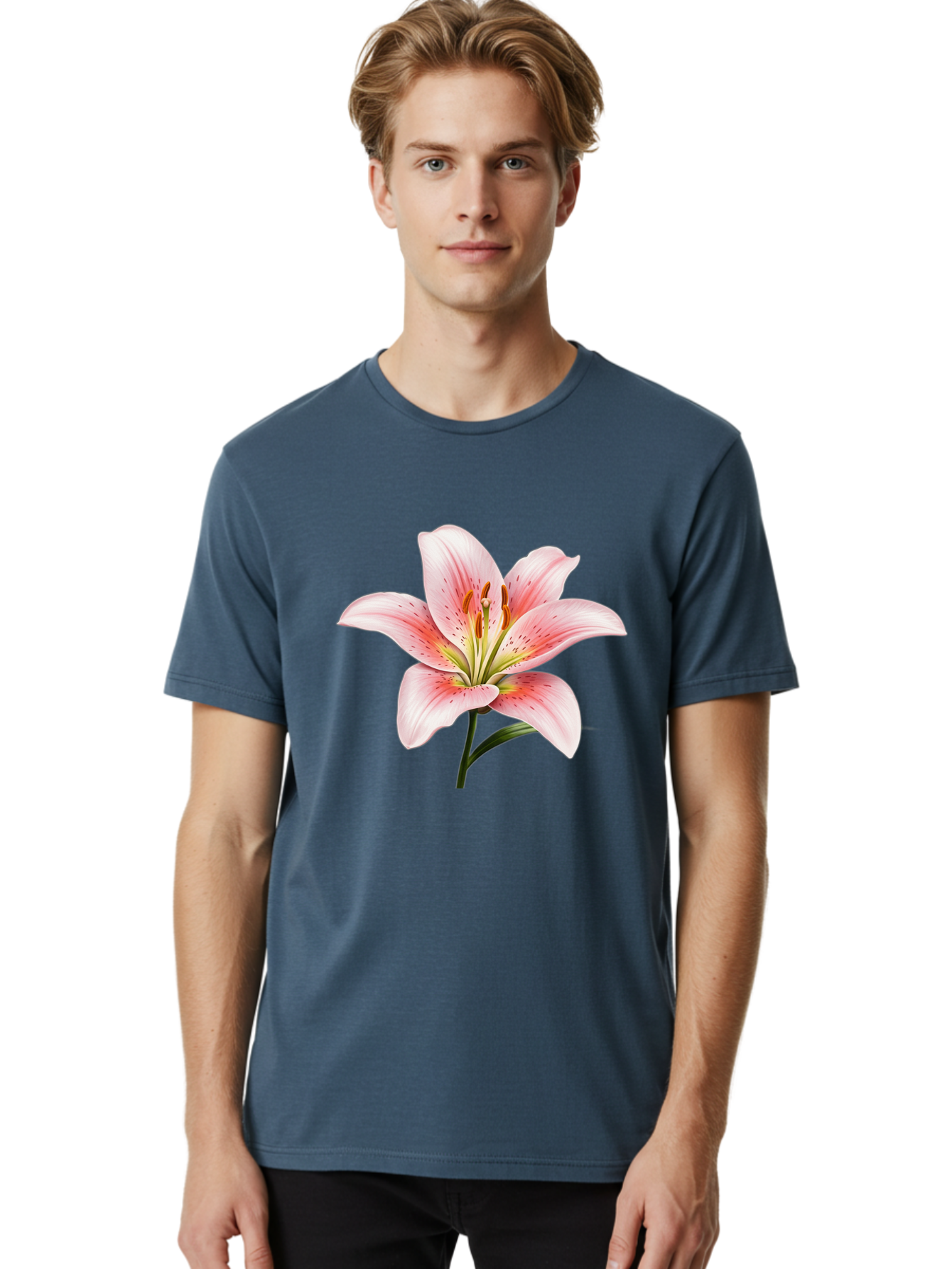 Lily Men'S Graphic Tee, 100% Cotton, Comfortable Casual Summer Wear, Machine Washable, Pink Lily, Floral Beauty, Delicate Petals, Yellow Stamens, Botanical Art, Flower Illustration, Soft Pink Hues, Elegant Bloom Baa922 16