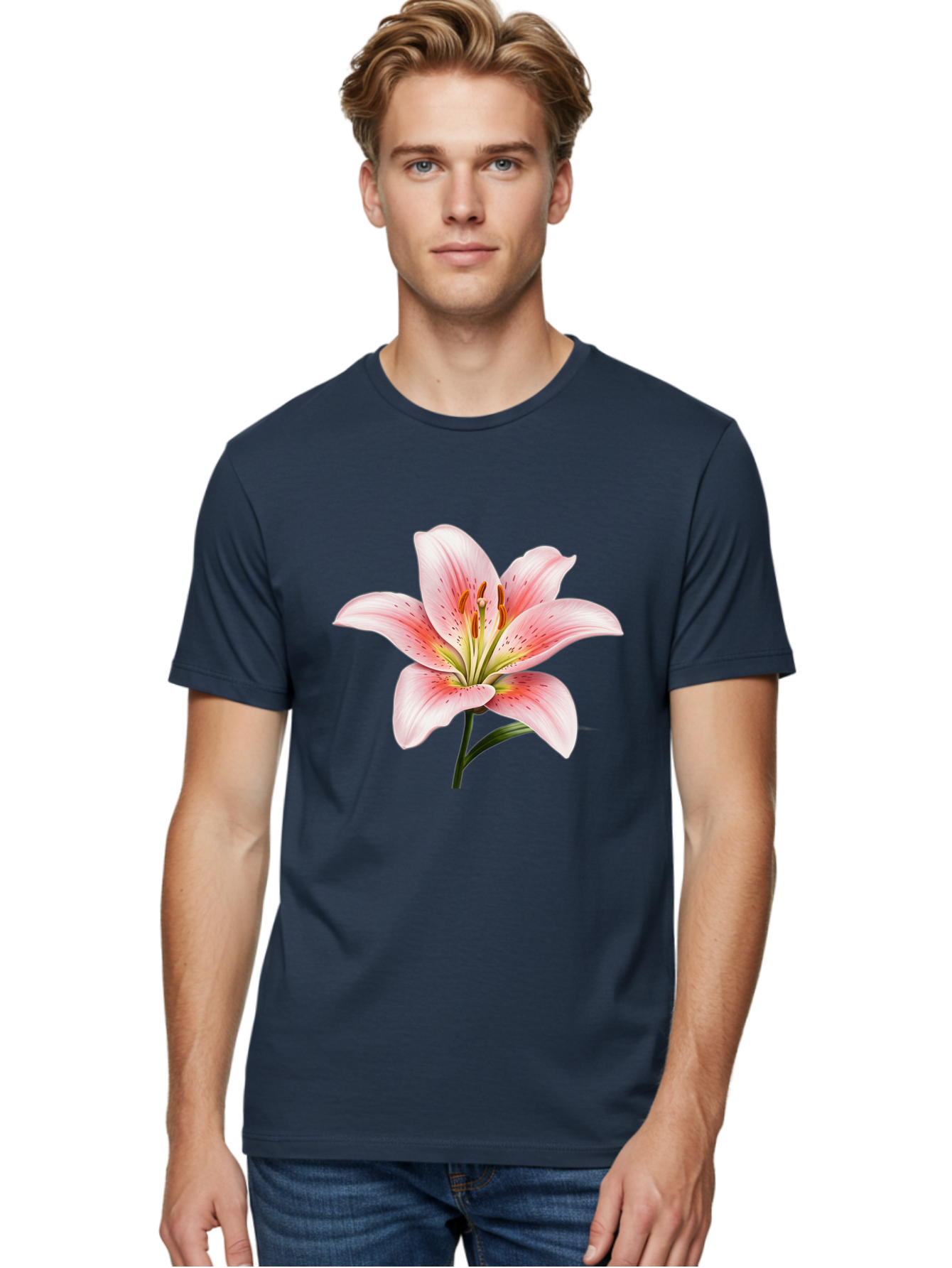 Lily Men'S Graphic Tee, 100% Cotton, Comfortable Casual Summer Wear, Machine Washable, Pink Lily, Floral Beauty, Delicate Petals, Yellow Stamens, Botanical Art, Flower Illustration, Soft Pink Hues, Elegant Bloom Baa922 18