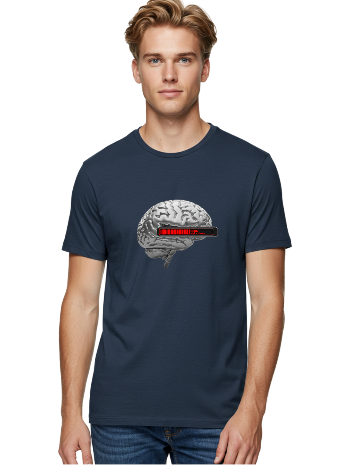Loading-Brain-1 Men'S Graphic Tee, 100% Cotton, Comfortable Casual Summer Wear, Machine Washable, Human Brain, Loading Bar, Progress Indicator, 99% Complete, Grey Brain, Futuristic Concept, Technology Integration, Cognitive Processing, Baa924 26