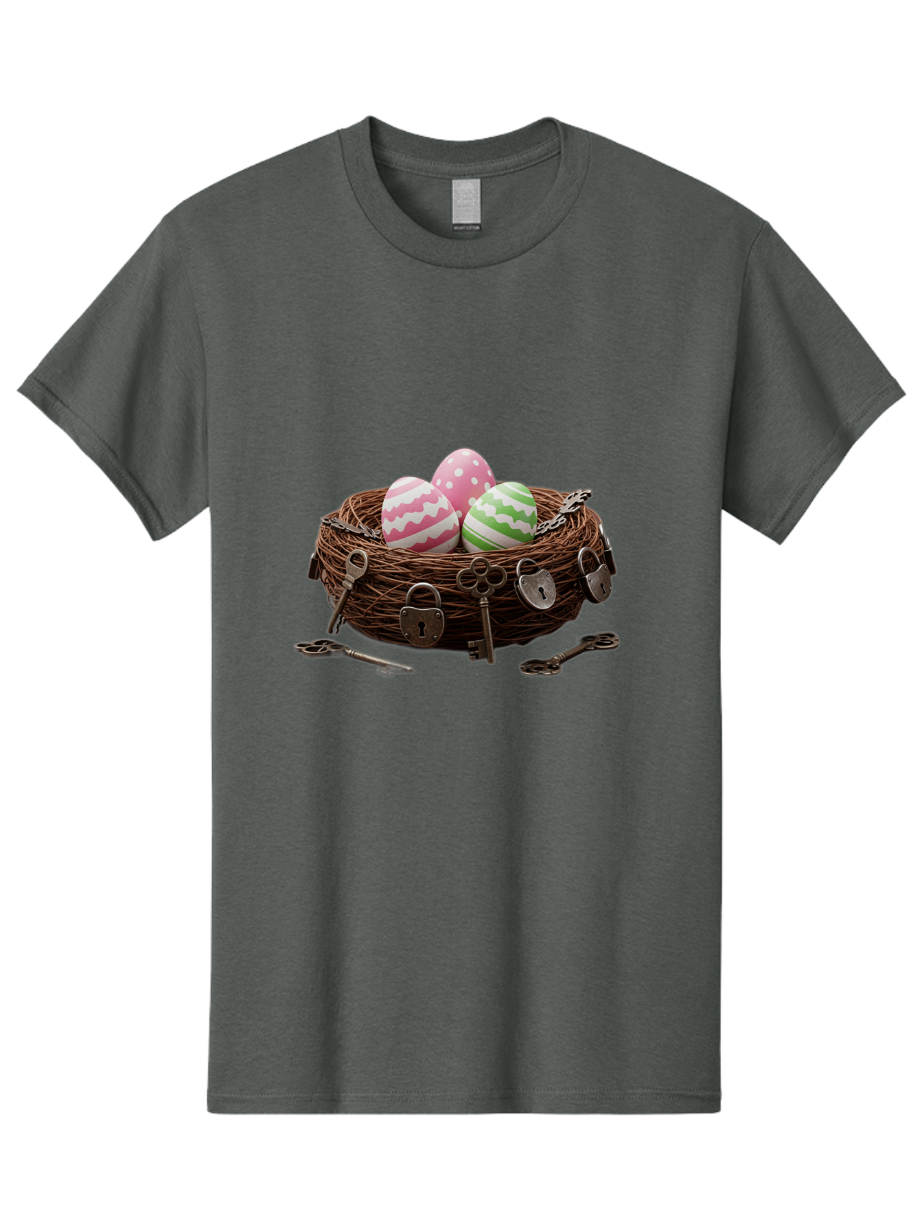 Locked-Nest-With-Easter-Eggs Men'S Graphic Tee, 100% Cotton, Comfortable Casual Summer Wear, Machine Washable, Easter Eggs In A Nest, Locked Nest, Vintage Keys, Padlocks, Easter Decorations, Spring Theme, Symbolic Eggs, Retro Style, Baa927 5