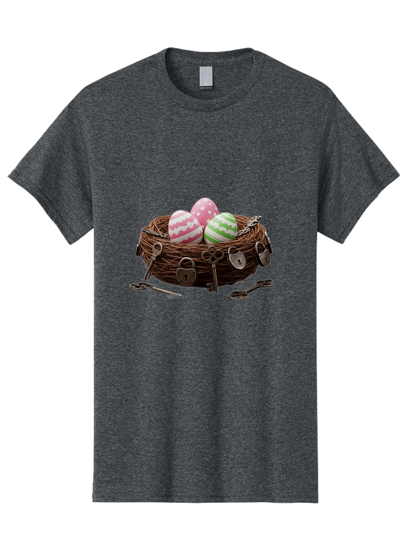 Locked-Nest-With-Easter-Eggs Men'S Graphic Tee, 100% Cotton, Comfortable Casual Summer Wear, Machine Washable, Easter Eggs In A Nest, Locked Nest, Vintage Keys, Padlocks, Easter Decorations, Spring Theme, Symbolic Eggs, Retro Style, Baa927 1