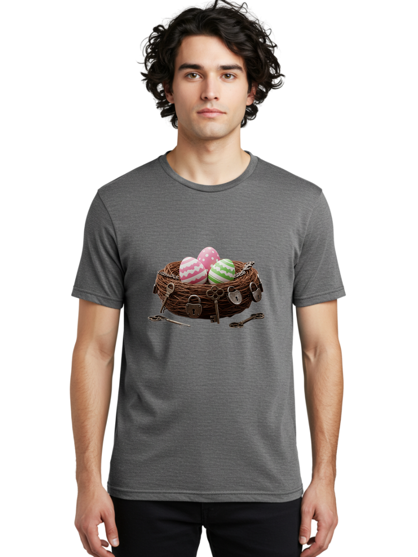 Locked-Nest-With-Easter-Eggs Men'S Graphic Tee, 100% Cotton, Comfortable Casual Summer Wear, Machine Washable, Easter Eggs In A Nest, Locked Nest, Vintage Keys, Padlocks, Easter Decorations, Spring Theme, Symbolic Eggs, Retro Style, Baa927 14