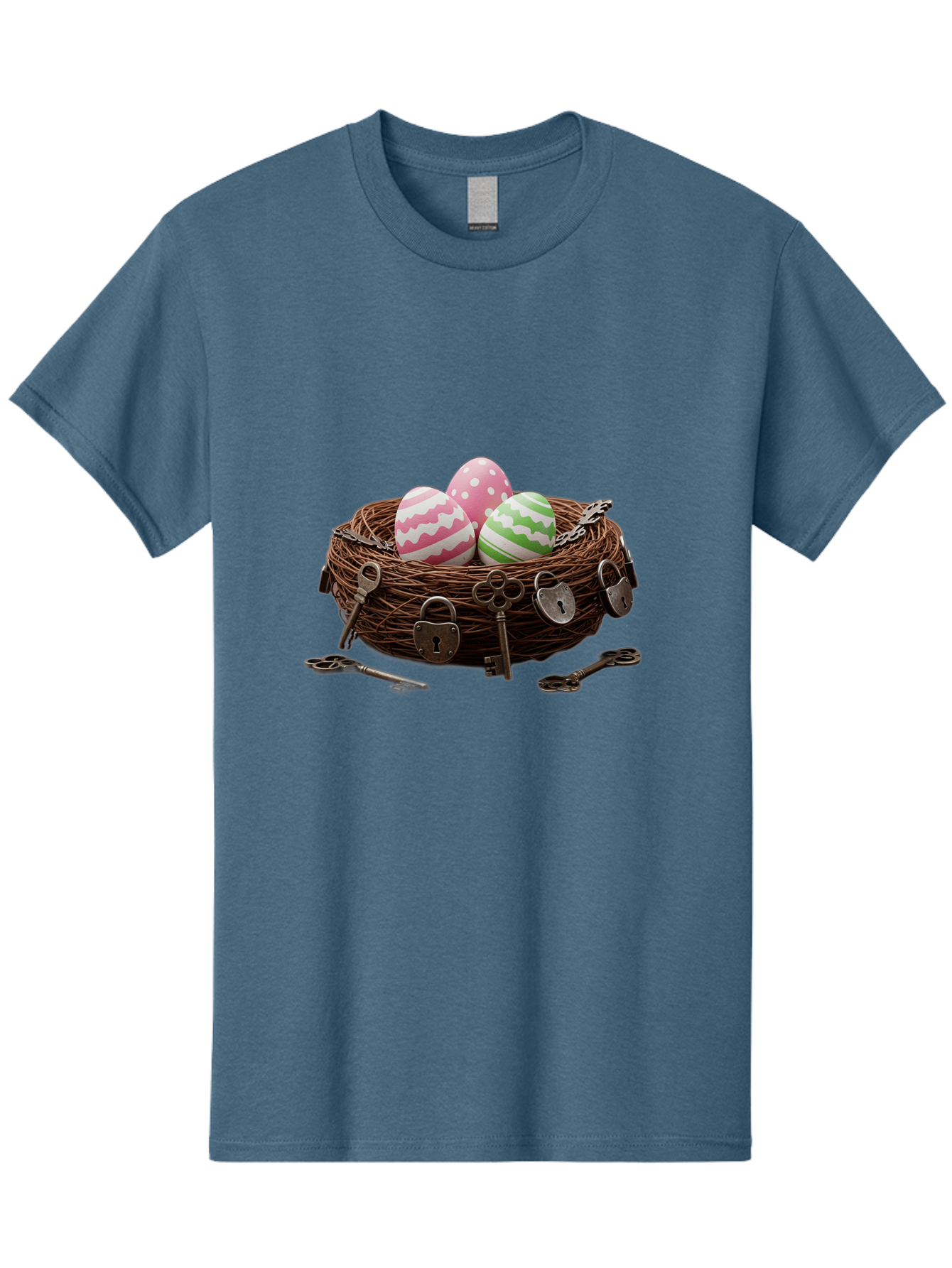 Locked-Nest-With-Easter-Eggs Men'S Graphic Tee, 100% Cotton, Comfortable Casual Summer Wear, Machine Washable, Easter Eggs In A Nest, Locked Nest, Vintage Keys, Padlocks, Easter Decorations, Spring Theme, Symbolic Eggs, Retro Style, Baa927 25