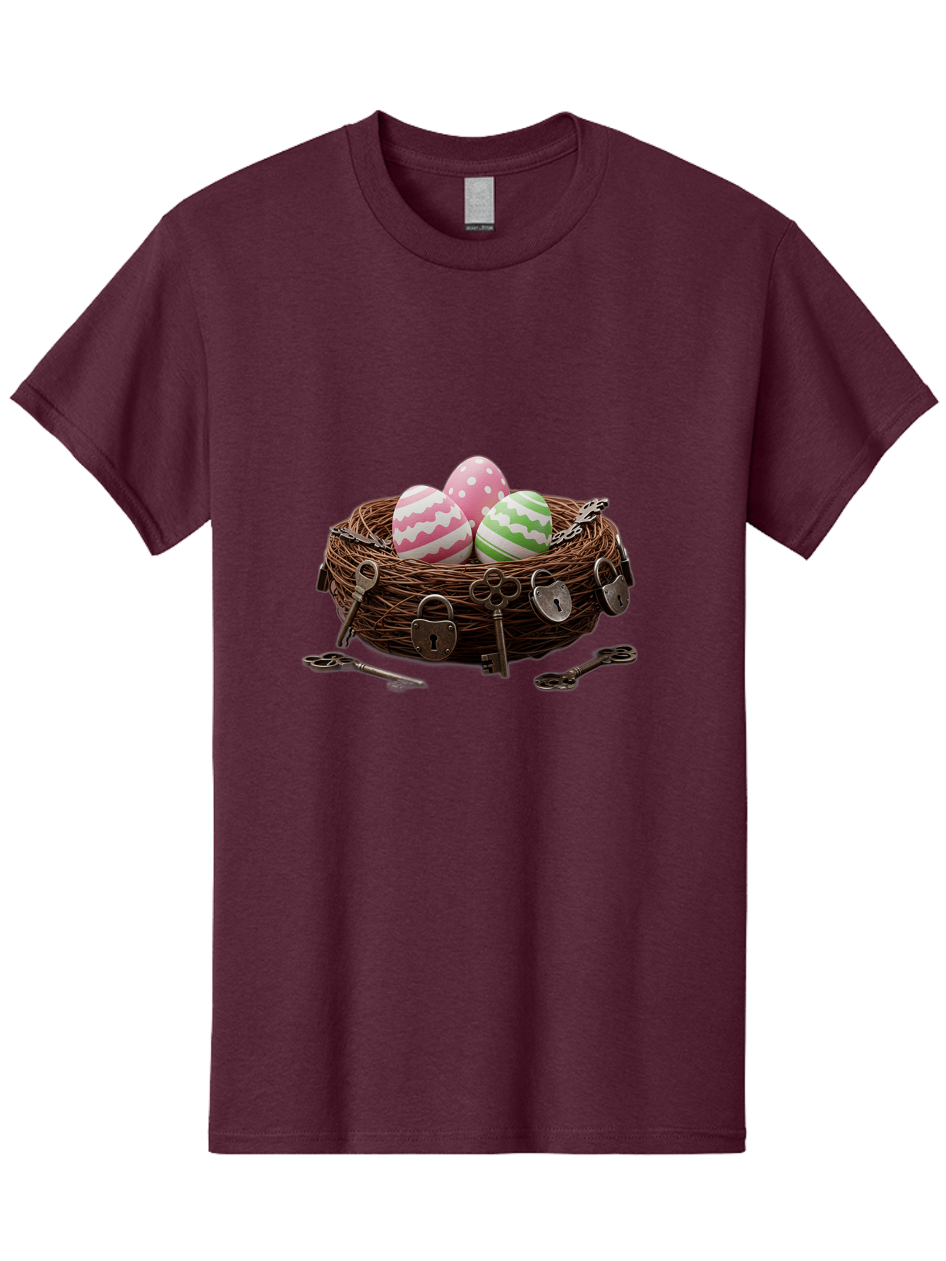 Locked-Nest-With-Easter-Eggs Men'S Graphic Tee, 100% Cotton, Comfortable Casual Summer Wear, Machine Washable, Easter Eggs In A Nest, Locked Nest, Vintage Keys, Padlocks, Easter Decorations, Spring Theme, Symbolic Eggs, Retro Style, Baa927 3