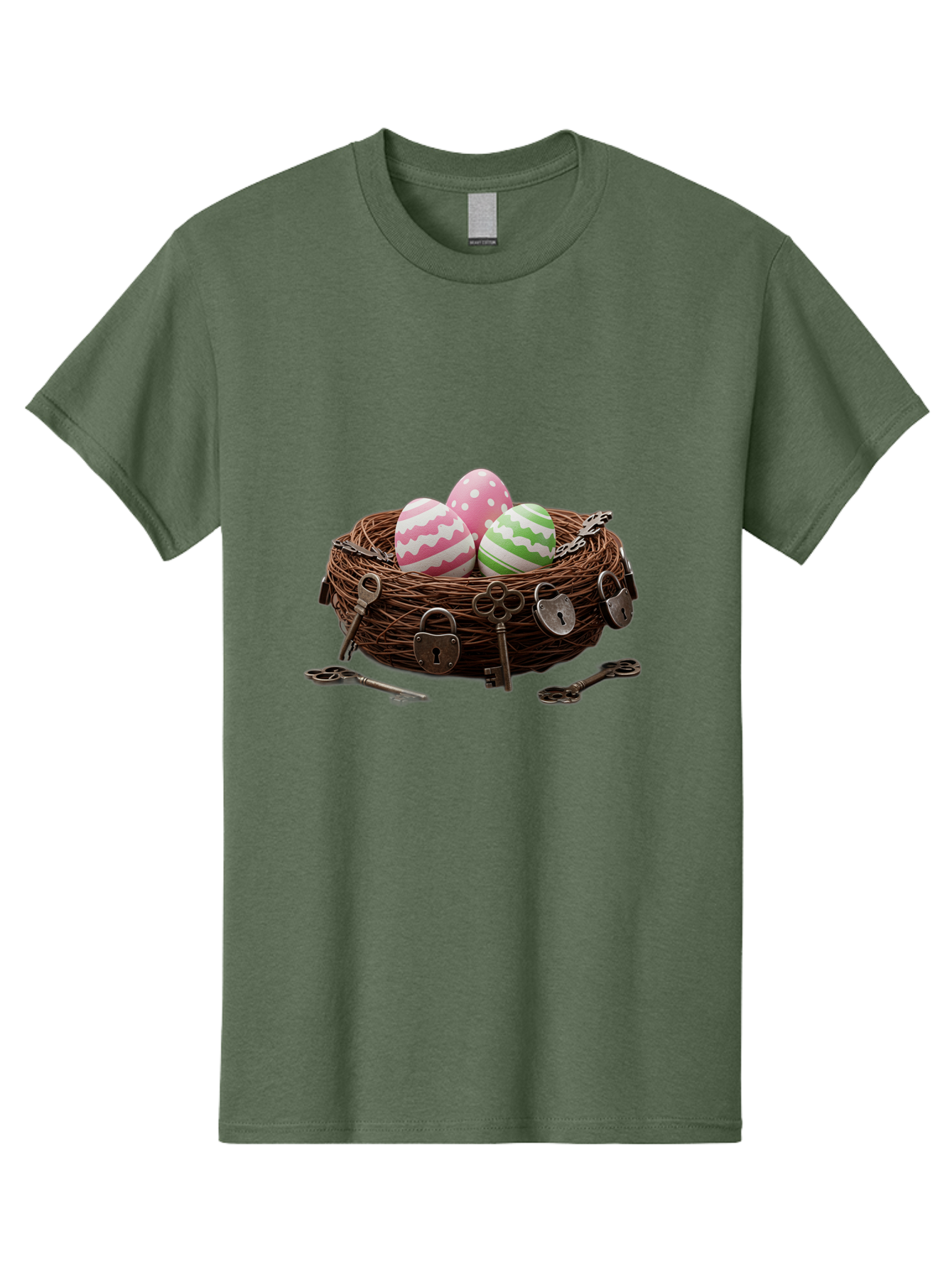 Locked-Nest-With-Easter-Eggs Men'S Graphic Tee, 100% Cotton, Comfortable Casual Summer Wear, Machine Washable, Easter Eggs In A Nest, Locked Nest, Vintage Keys, Padlocks, Easter Decorations, Spring Theme, Symbolic Eggs, Retro Style, Baa927 17