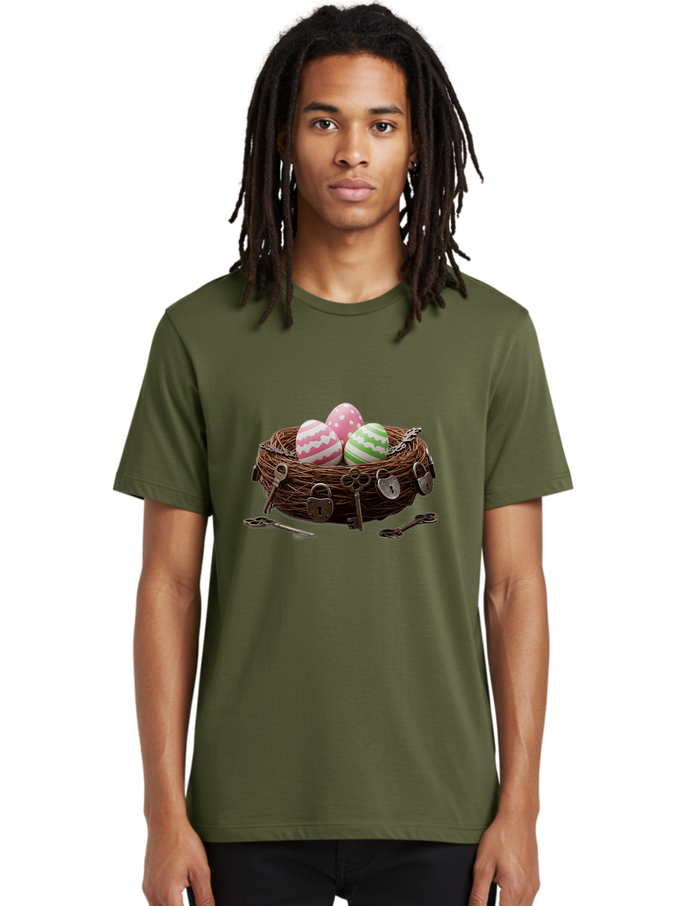 Locked-Nest-With-Easter-Eggs Men'S Graphic Tee, 100% Cotton, Comfortable Casual Summer Wear, Machine Washable, Easter Eggs In A Nest, Locked Nest, Vintage Keys, Padlocks, Easter Decorations, Spring Theme, Symbolic Eggs, Retro Style, Baa927 18