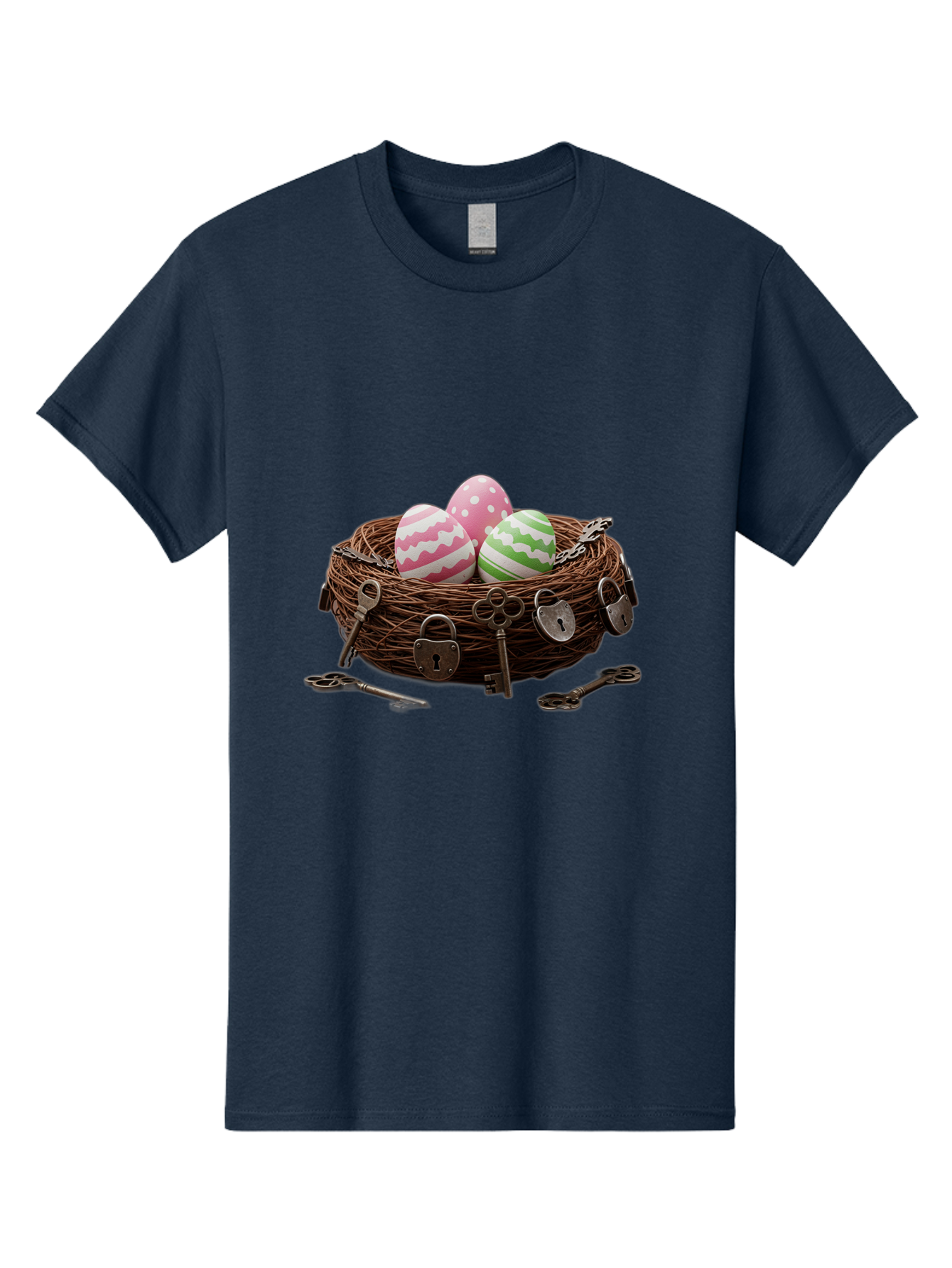 Locked-Nest-With-Easter-Eggs Men'S Graphic Tee, 100% Cotton, Comfortable Casual Summer Wear, Machine Washable, Easter Eggs In A Nest, Locked Nest, Vintage Keys, Padlocks, Easter Decorations, Spring Theme, Symbolic Eggs, Retro Style, Baa927 19