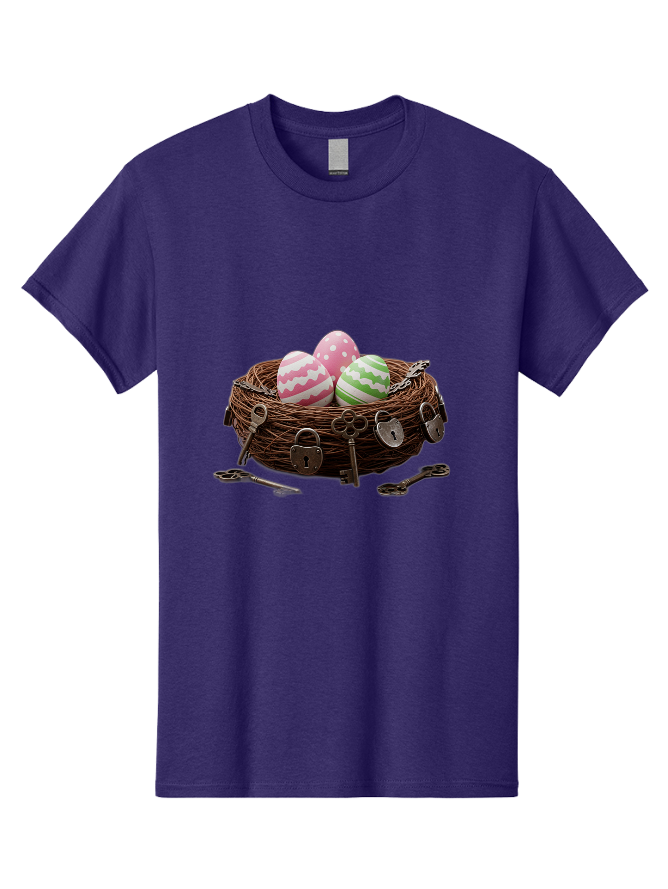 Locked-Nest-With-Easter-Eggs Men'S Graphic Tee, 100% Cotton, Comfortable Casual Summer Wear, Machine Washable, Easter Eggs In A Nest, Locked Nest, Vintage Keys, Padlocks, Easter Decorations, Spring Theme, Symbolic Eggs, Retro Style, Baa927 27