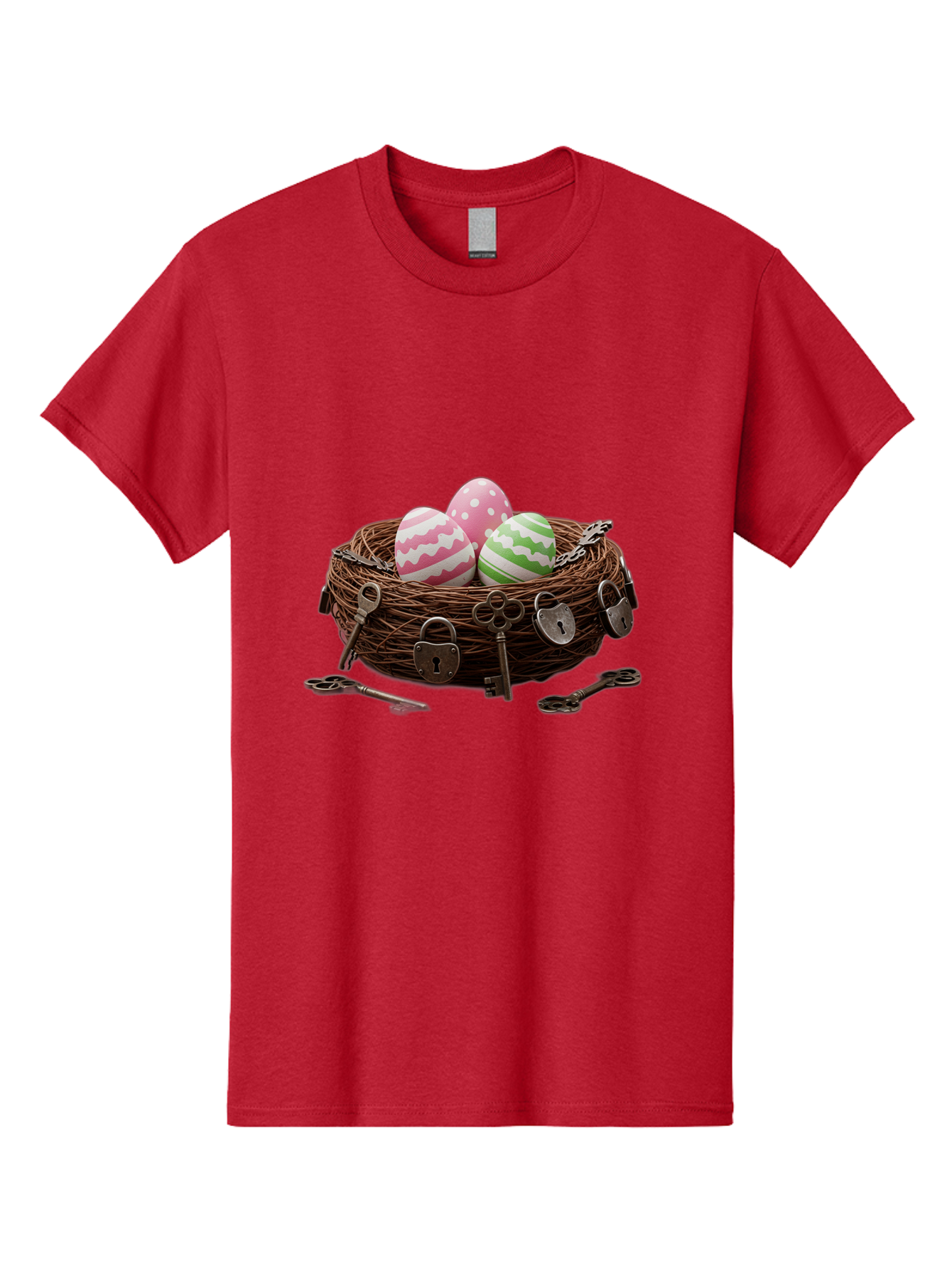 Locked-Nest-With-Easter-Eggs Men'S Graphic Tee, 100% Cotton, Comfortable Casual Summer Wear, Machine Washable, Easter Eggs In A Nest, Locked Nest, Vintage Keys, Padlocks, Easter Decorations, Spring Theme, Symbolic Eggs, Retro Style, Baa927 23