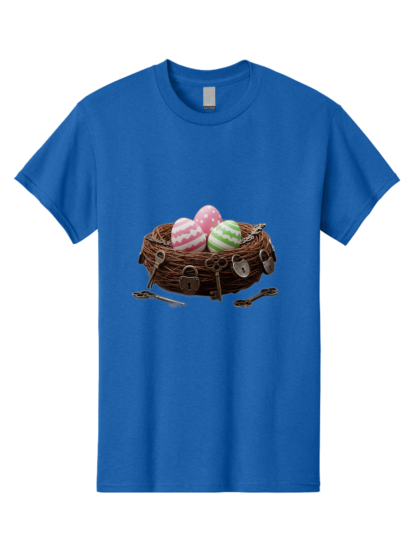 Locked-Nest-With-Easter-Eggs Men'S Graphic Tee, 100% Cotton, Comfortable Casual Summer Wear, Machine Washable, Easter Eggs In A Nest, Locked Nest, Vintage Keys, Padlocks, Easter Decorations, Spring Theme, Symbolic Eggs, Retro Style, Baa927 11