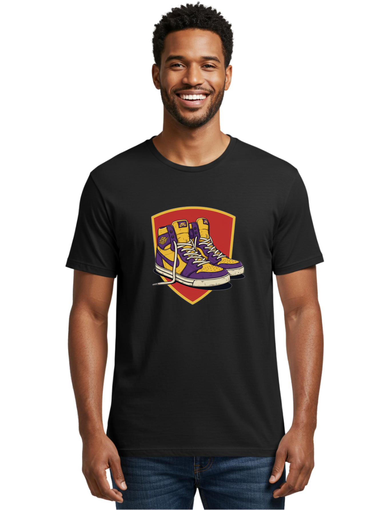 Los-Angeles-Lakers Men'S Graphic Tee, 100% Cotton, Comfortable Casual Summer Wear, Machine Washable, Purple And Yellow Air Jordan Sneakers, Nike Logo, Yellow And Purple Color Scheme, White Laces, Athletic Footwear, Sports Shoes, Baa928 26