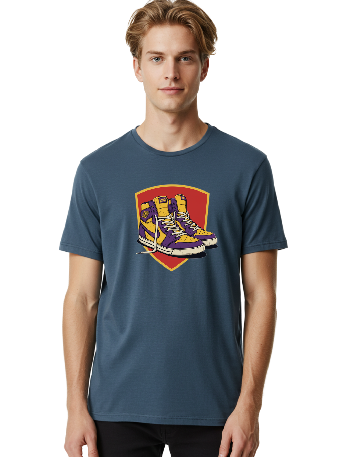 Los-Angeles-Lakers Men'S Graphic Tee, 100% Cotton, Comfortable Casual Summer Wear, Machine Washable, Purple And Yellow Air Jordan Sneakers, Nike Logo, Yellow And Purple Color Scheme, White Laces, Athletic Footwear, Sports Shoes, Baa928 4