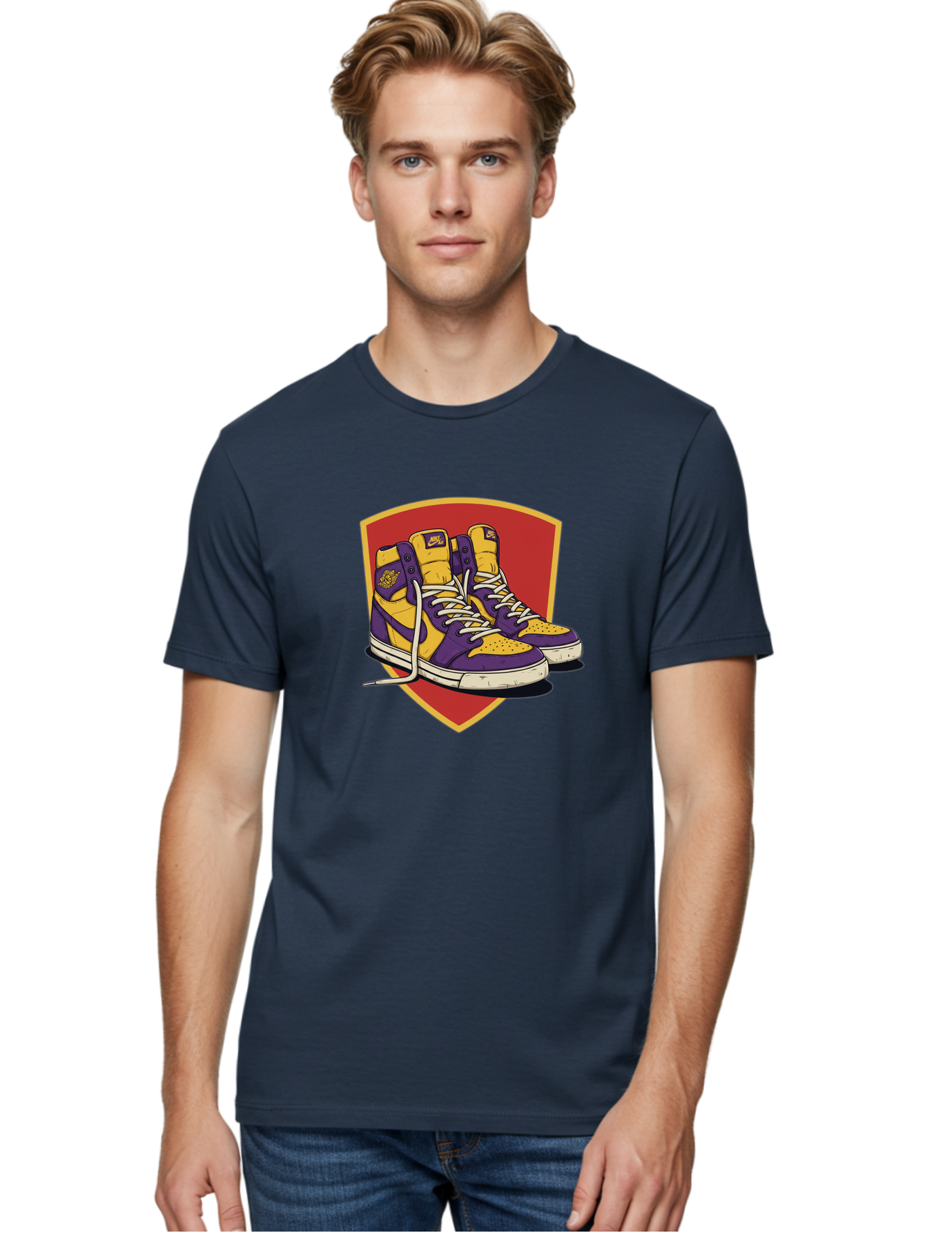 Los-Angeles-Lakers Men'S Graphic Tee, 100% Cotton, Comfortable Casual Summer Wear, Machine Washable, Purple And Yellow Air Jordan Sneakers, Nike Logo, Yellow And Purple Color Scheme, White Laces, Athletic Footwear, Sports Shoes, Baa928 18