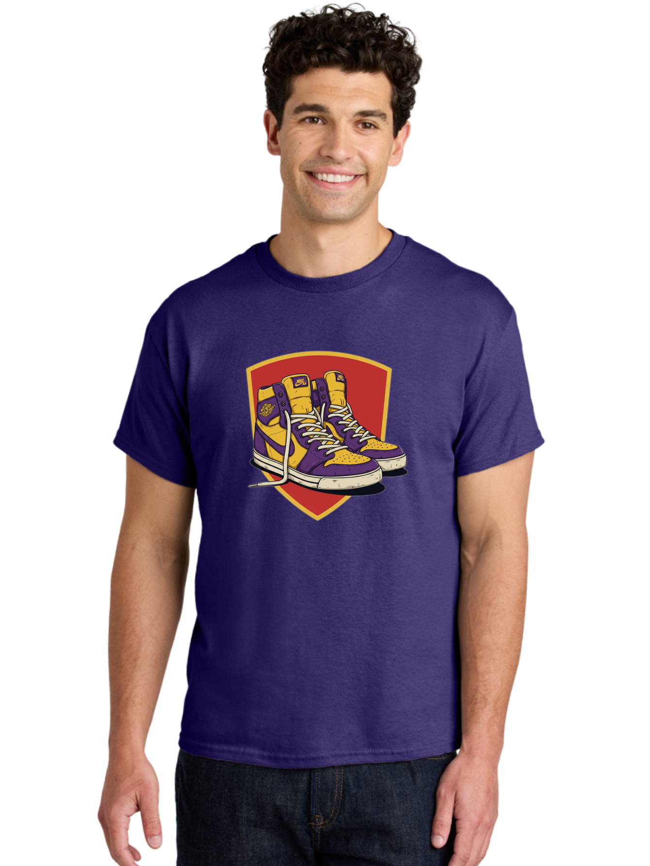 Los-Angeles-Lakers Men'S Graphic Tee, 100% Cotton, Comfortable Casual Summer Wear, Machine Washable, Purple And Yellow Air Jordan Sneakers, Nike Logo, Yellow And Purple Color Scheme, White Laces, Athletic Footwear, Sports Shoes, Baa928 30