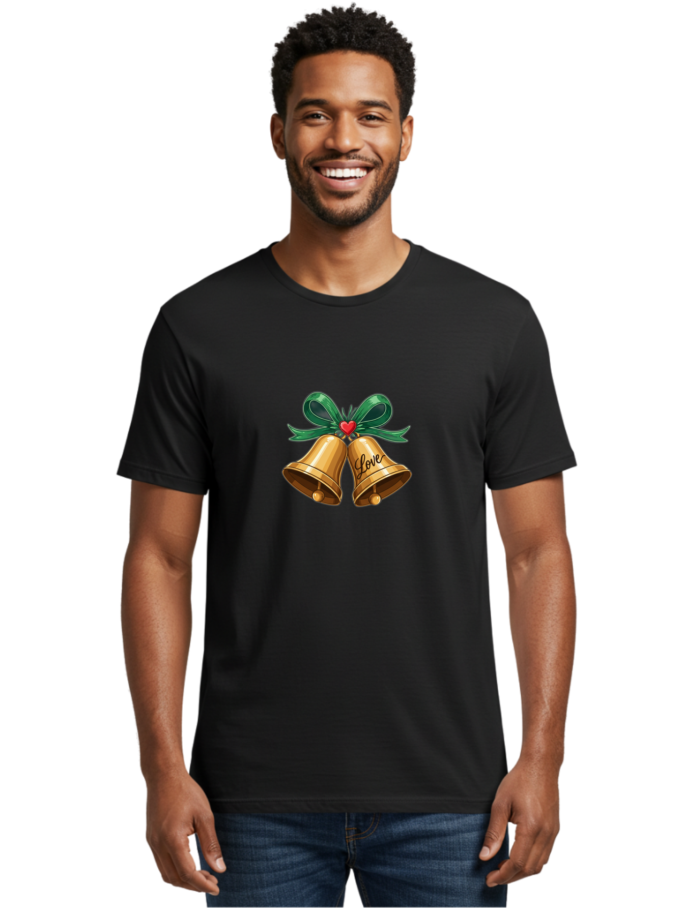 Love-Bells-1 Men'S Graphic Tee, 100% Cotton, Comfortable Casual Summer Wear, Machine Washable, Golden Bells, Love Message, Red Heart, Green Ribbon, Festive Decoration, Symbol Of Love, Wedding Bells, Holiday Decor, Charming Illustration, Baa931 14