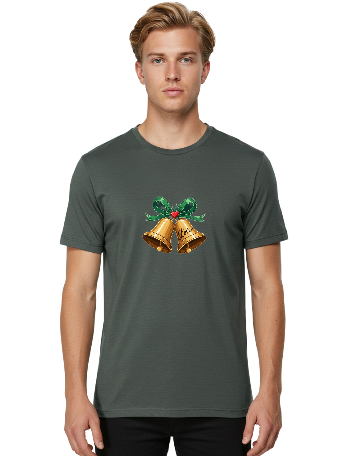 Love-Bells-1 Men'S Graphic Tee, 100% Cotton, Comfortable Casual Summer Wear, Machine Washable, Golden Bells, Love Message, Red Heart, Green Ribbon, Festive Decoration, Symbol Of Love, Wedding Bells, Holiday Decor, Charming Illustration, Baa931 6
