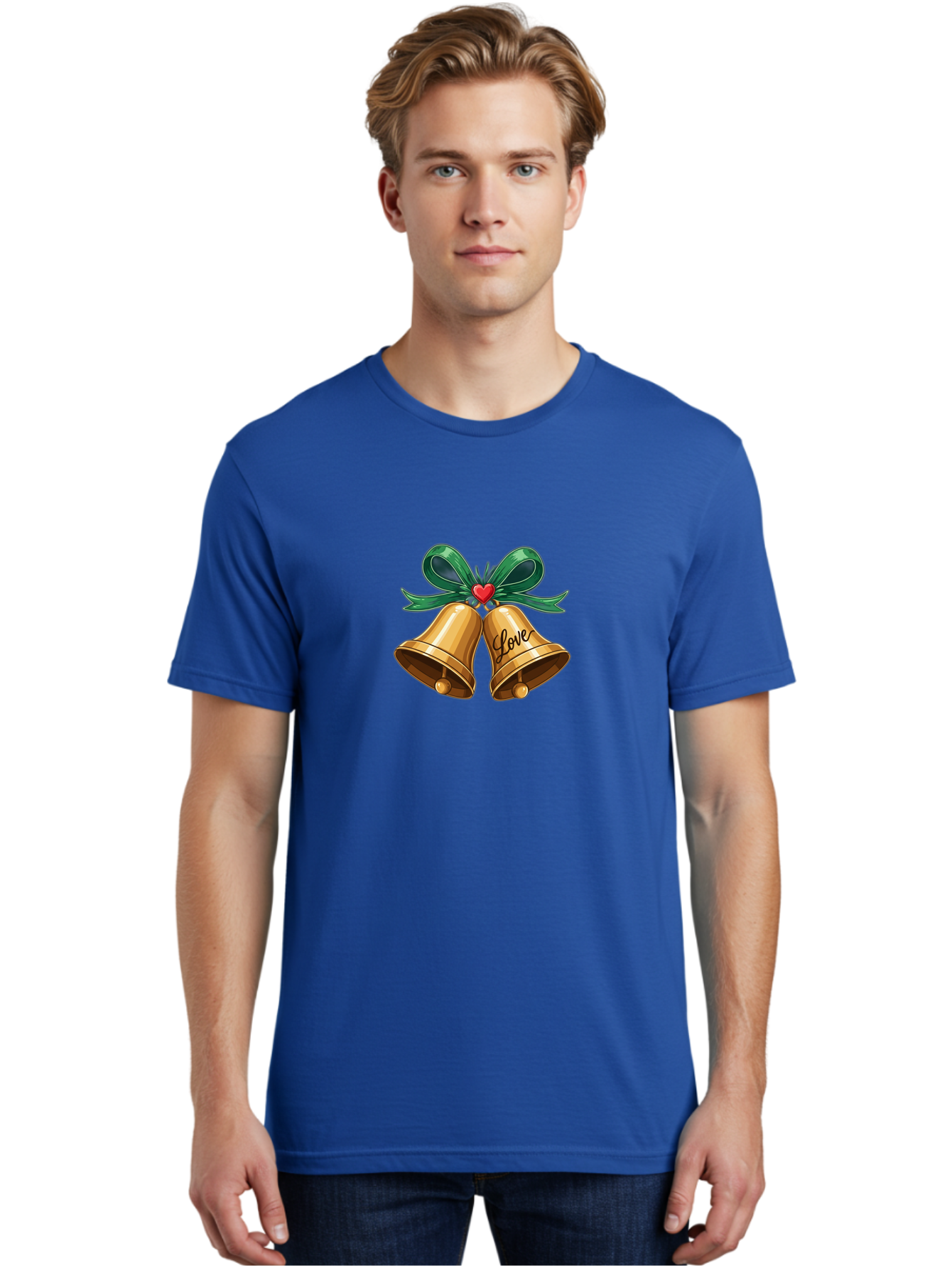 Love-Bells-1 Men'S Graphic Tee, 100% Cotton, Comfortable Casual Summer Wear, Machine Washable, Golden Bells, Love Message, Red Heart, Green Ribbon, Festive Decoration, Symbol Of Love, Wedding Bells, Holiday Decor, Charming Illustration, Baa931 22
