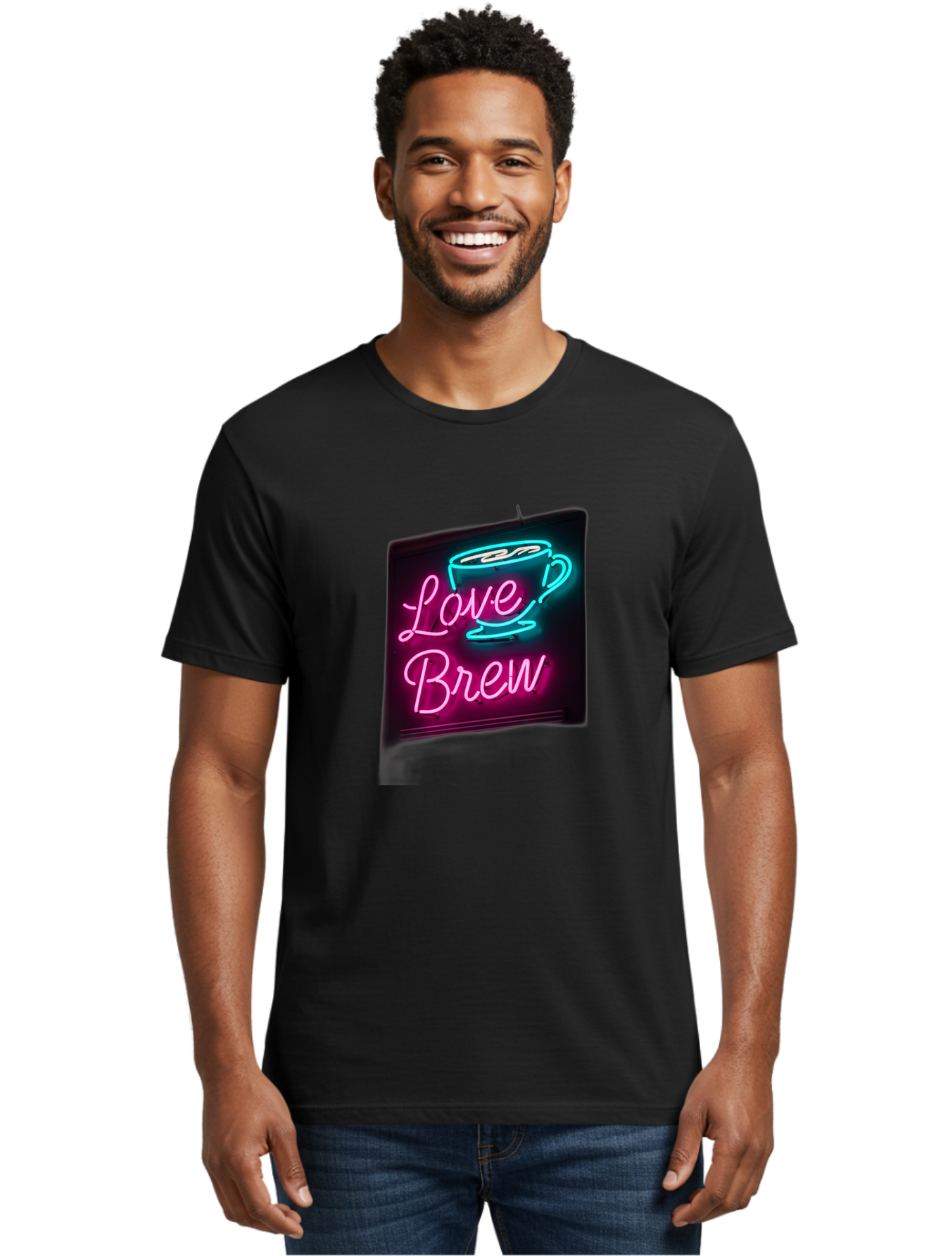 Love-Brew Men'S Graphic Tee, 100% Cotton, Comfortable Casual Summer Wear, Machine Washable, Neon Sign, Coffee Cup, Love Brew, Coffee Culture, Cafe Ambiance, Retro Advertisement, Nostalgic Decor, Coffee Lover, Vibrant Neon Lights, Baa933 4