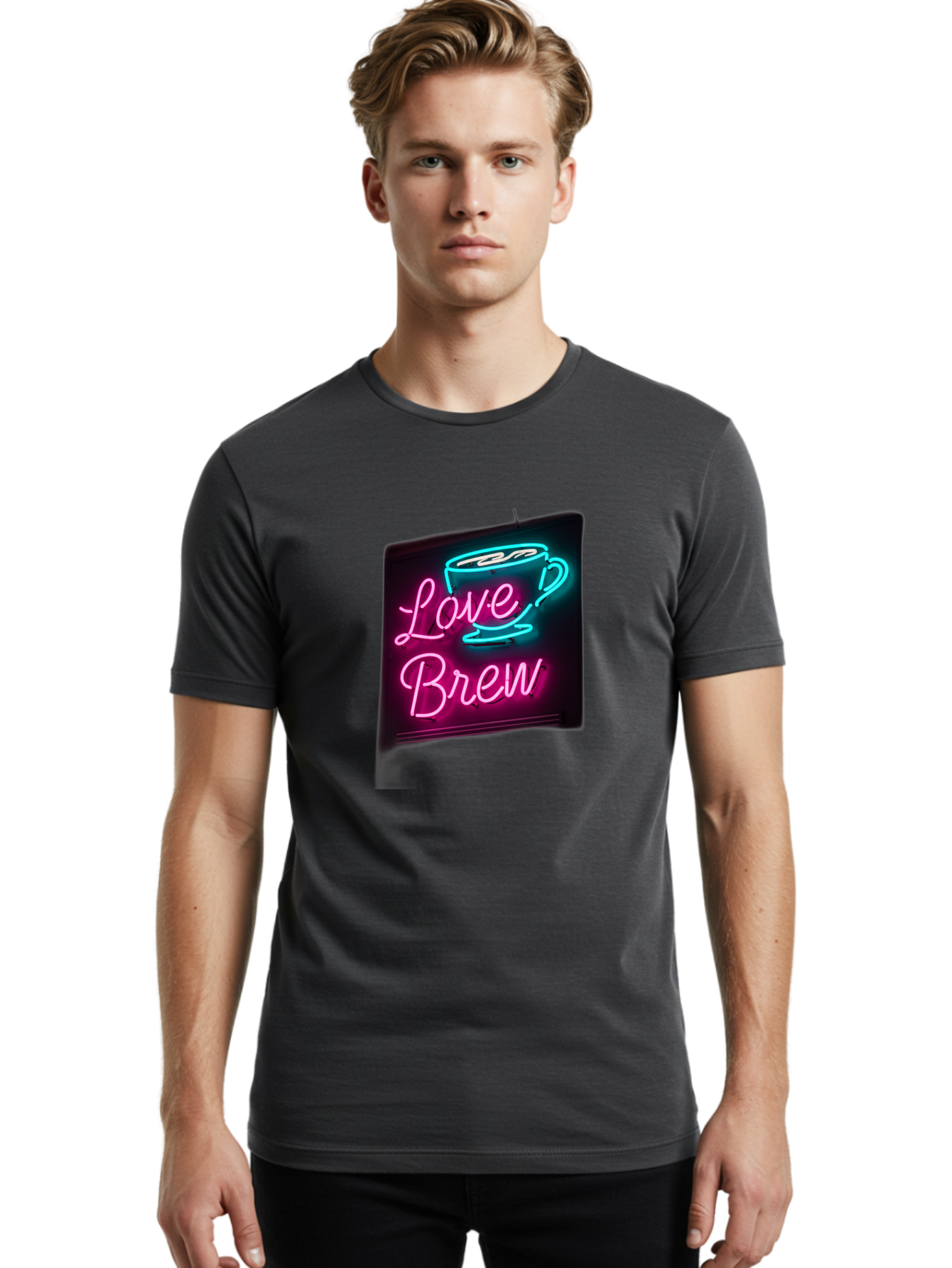 Love-Brew Men'S Graphic Tee, 100% Cotton, Comfortable Casual Summer Wear, Machine Washable, Neon Sign, Coffee Cup, Love Brew, Coffee Culture, Cafe Ambiance, Retro Advertisement, Nostalgic Decor, Coffee Lover, Vibrant Neon Lights, Baa933 22