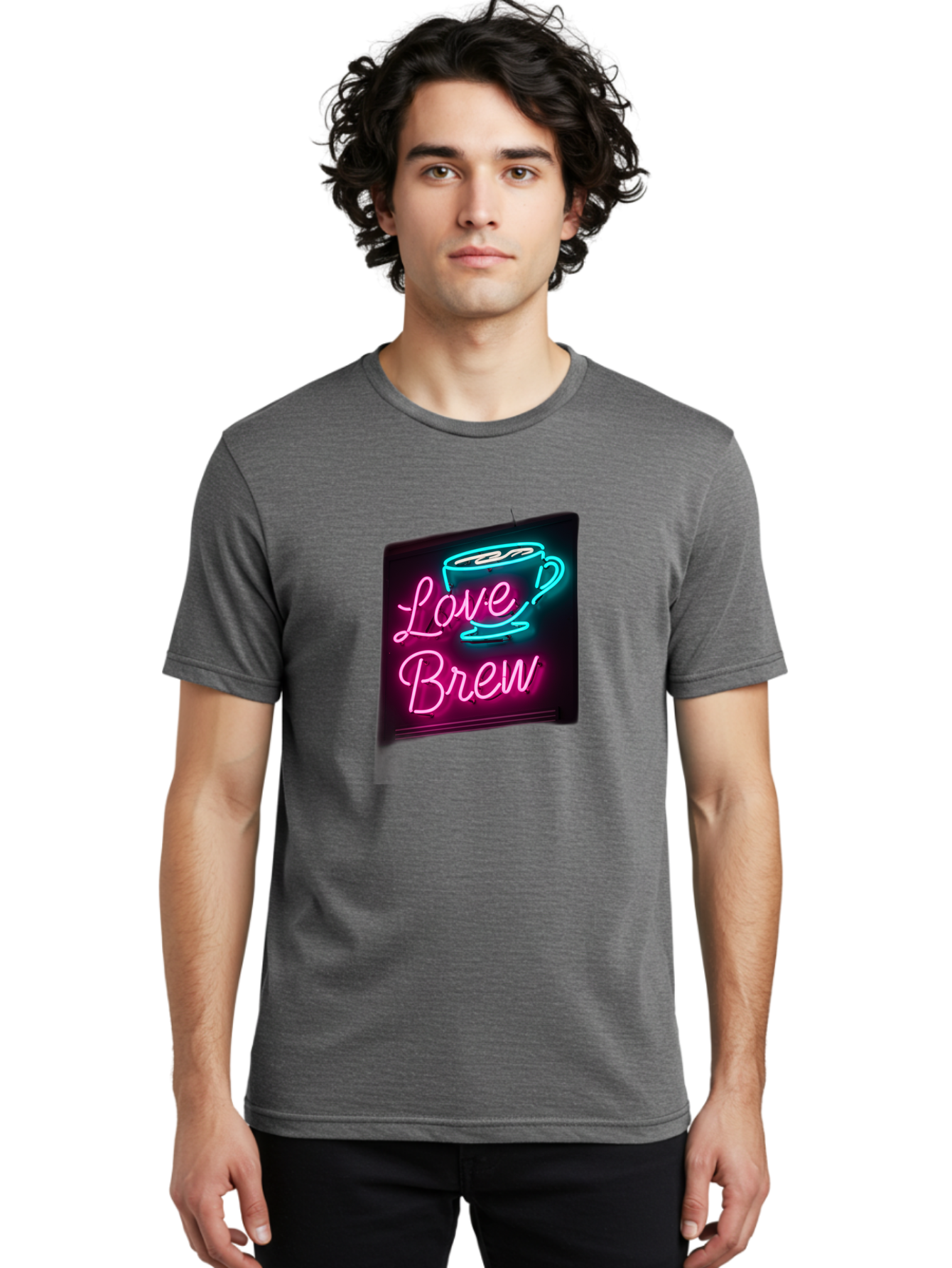Love-Brew Men'S Graphic Tee, 100% Cotton, Comfortable Casual Summer Wear, Machine Washable, Neon Sign, Coffee Cup, Love Brew, Coffee Culture, Cafe Ambiance, Retro Advertisement, Nostalgic Decor, Coffee Lover, Vibrant Neon Lights, Baa933 30
