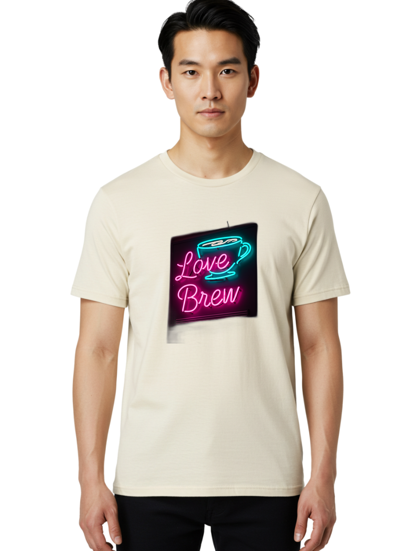 Love-Brew Men'S Graphic Tee, 100% Cotton, Comfortable Casual Summer Wear, Machine Washable, Neon Sign, Coffee Cup, Love Brew, Coffee Culture, Cafe Ambiance, Retro Advertisement, Nostalgic Decor, Coffee Lover, Vibrant Neon Lights, Baa933 8