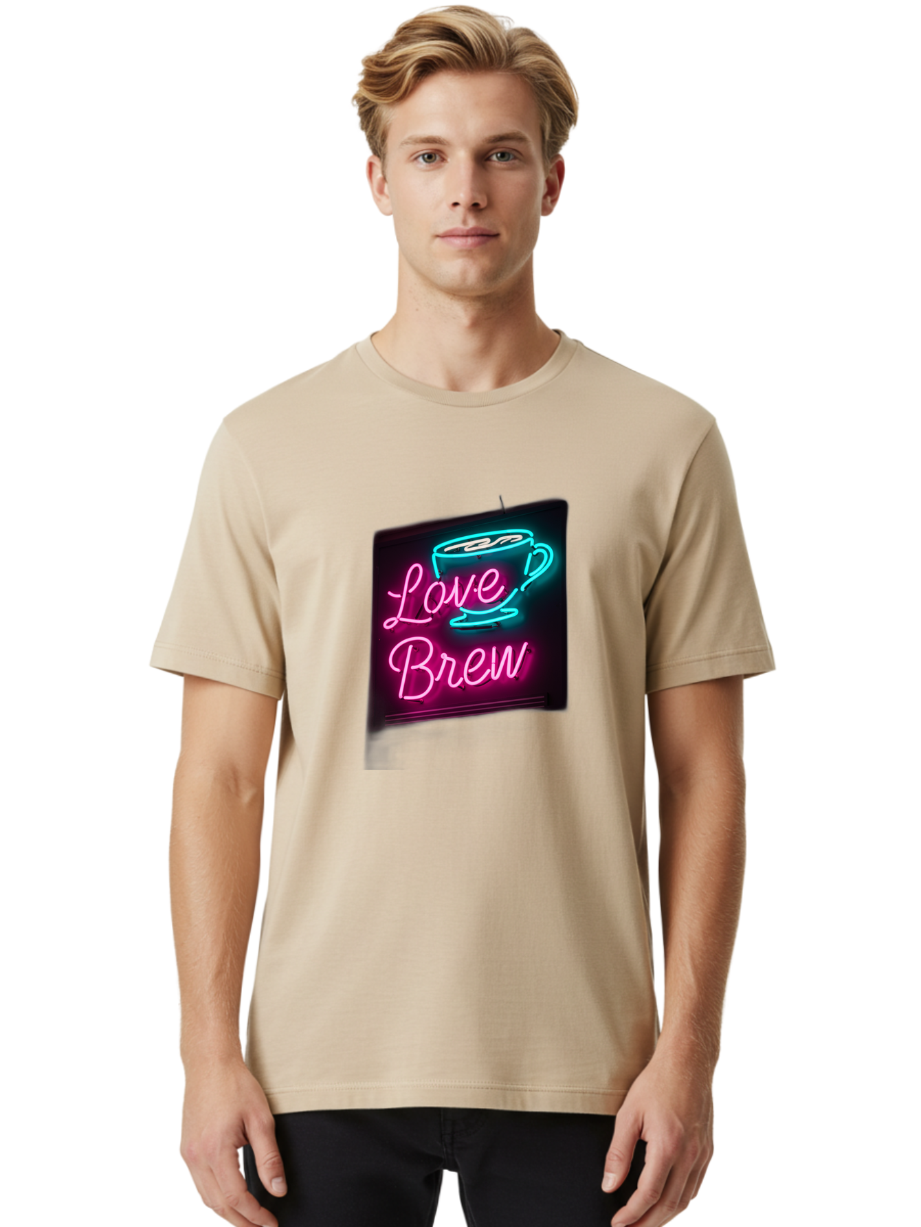 Love-Brew Men'S Graphic Tee, 100% Cotton, Comfortable Casual Summer Wear, Machine Washable, Neon Sign, Coffee Cup, Love Brew, Coffee Culture, Cafe Ambiance, Retro Advertisement, Nostalgic Decor, Coffee Lover, Vibrant Neon Lights, Baa933 18