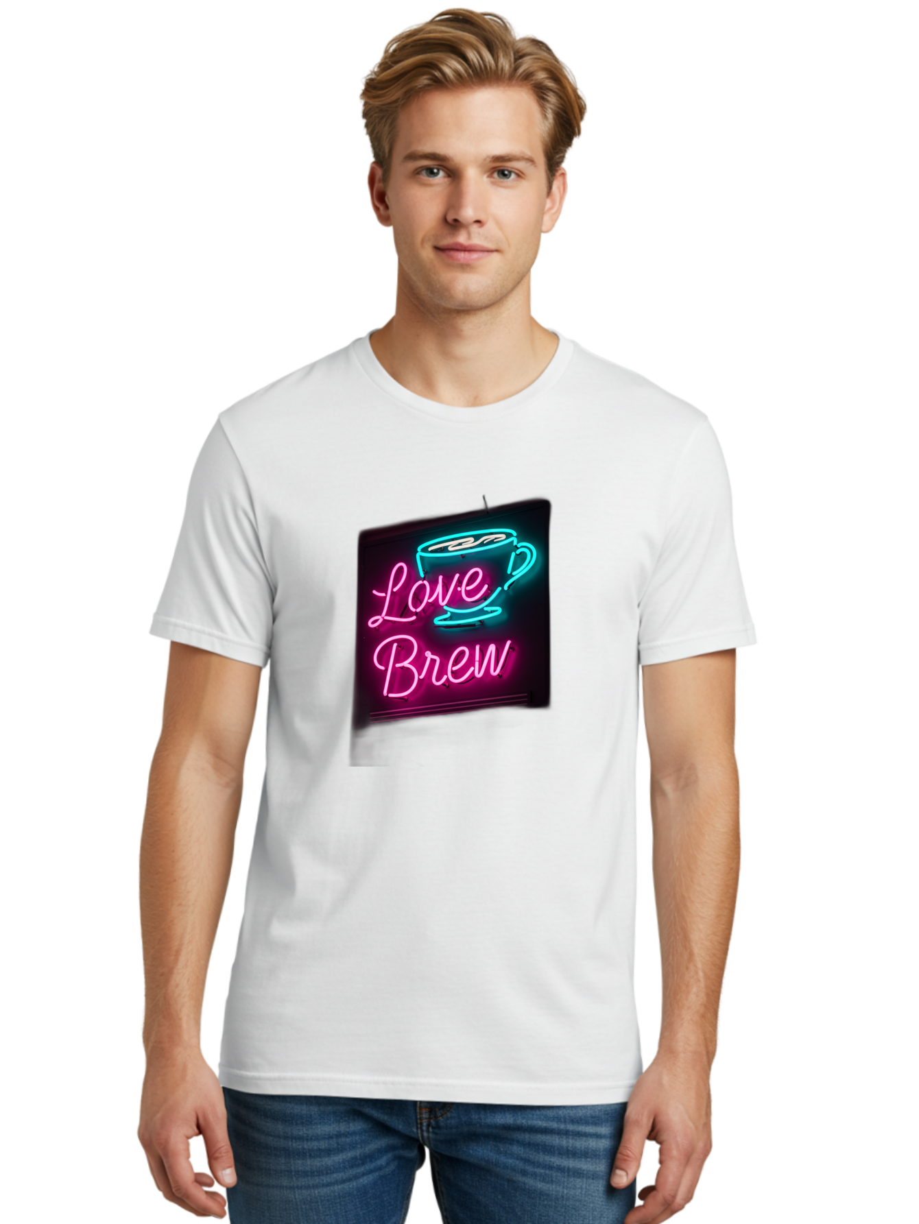 Love-Brew Men'S Graphic Tee, 100% Cotton, Comfortable Casual Summer Wear, Machine Washable, Neon Sign, Coffee Cup, Love Brew, Coffee Culture, Cafe Ambiance, Retro Advertisement, Nostalgic Decor, Coffee Lover, Vibrant Neon Lights, Baa933 26