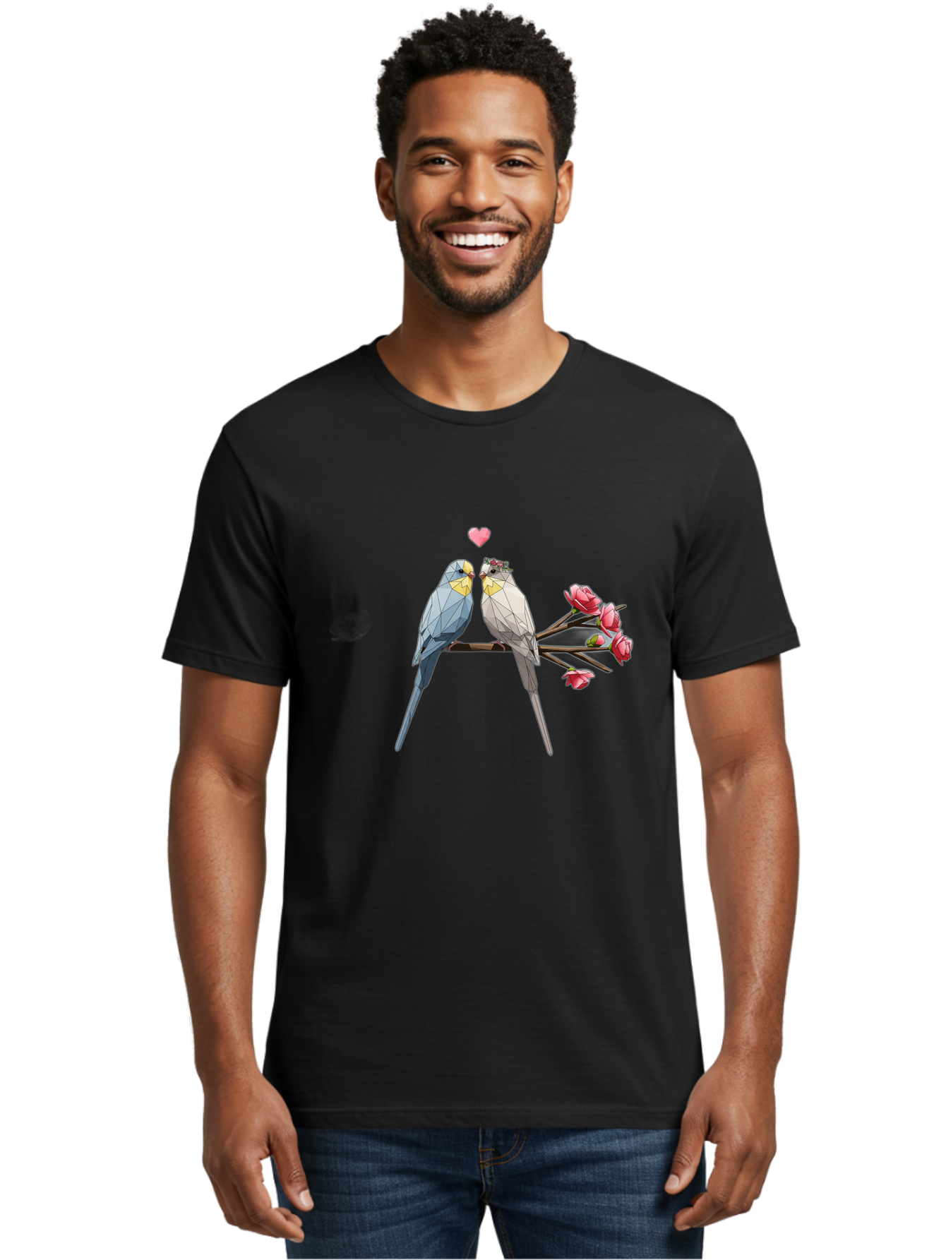 Lovebirds Men'S Graphic Tee, 100% Cotton, Comfortable Casual Summer Wear, Machine Washable, Low Poly Lovebirds, Pink Flowers, Couple Birds, Love Heart, Tender Moment, Geometric Art, Pastel Colors, Romantic Scene, Valentine'S Day Baa934 6