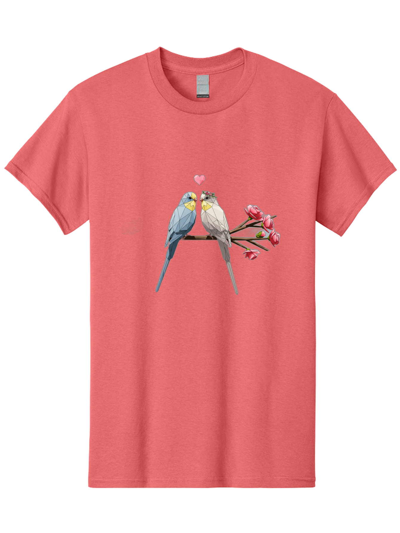 Lovebirds Men'S Graphic Tee, 100% Cotton, Comfortable Casual Summer Wear, Machine Washable, Low Poly Lovebirds, Pink Flowers, Couple Birds, Love Heart, Tender Moment, Geometric Art, Pastel Colors, Romantic Scene, Valentine'S Day Baa934 1