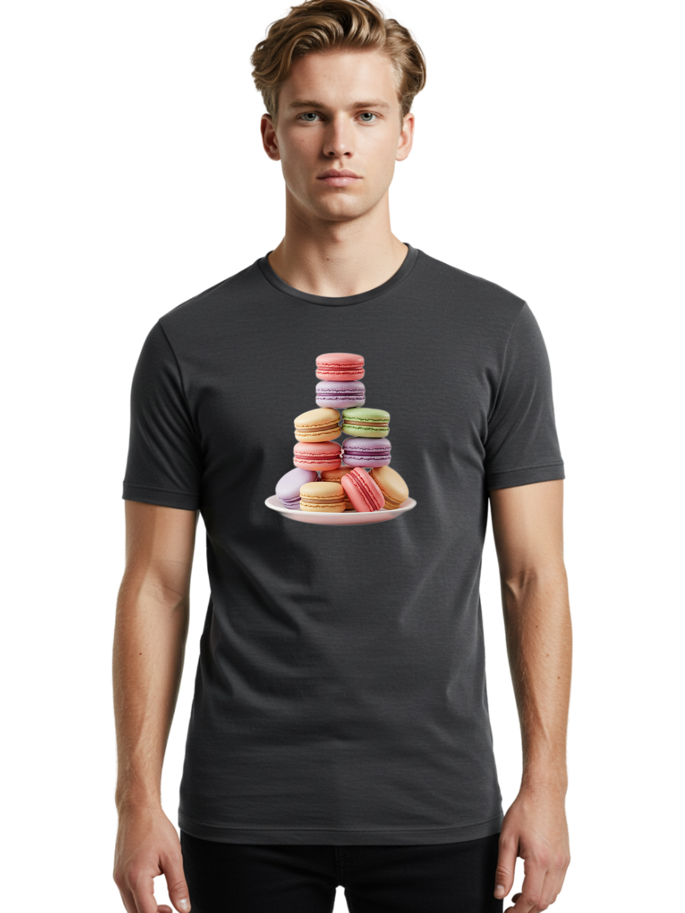 Macaron-Tower Men'S Graphic Tee, 100% Cotton, Comfortable Casual Summer Wear, Machine Washable, Colorful Macarons, Pastel Colors, Dessert Tower, French Patisserie, Sweet Treats, Macaron Stack, Vibrant Hues, Delicate Meringue, Baked Goods, Baa941 22